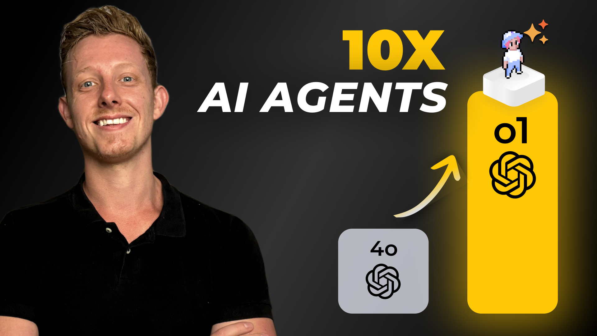 Smiling man beside 10X AI Agents graphic with pixelated character