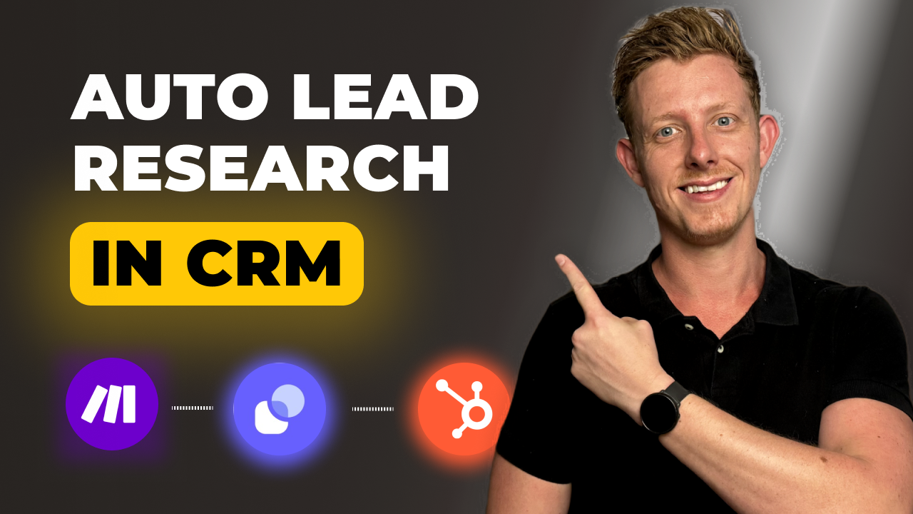 Man pointing to Auto Lead Research in CRM text and logos