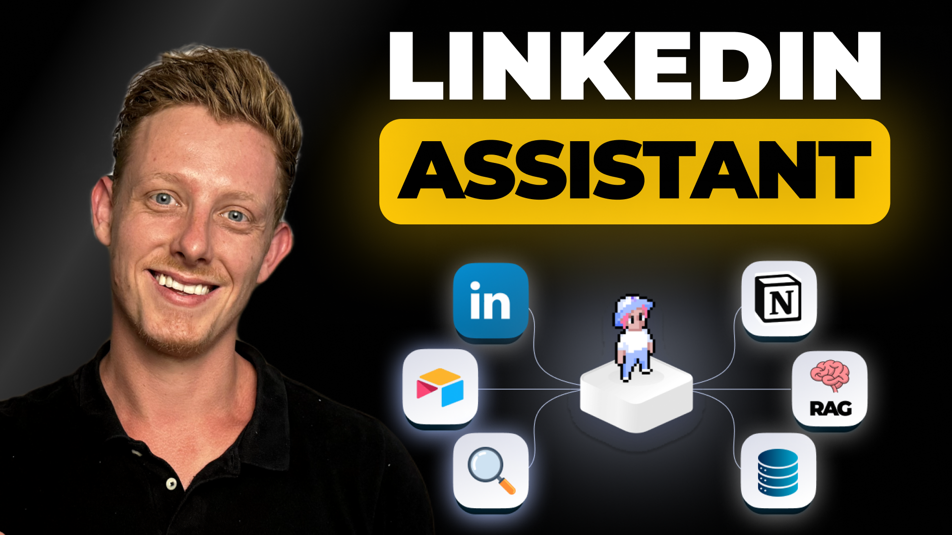 LinkedIn Assistant promotional image with smiling person and tech icons
