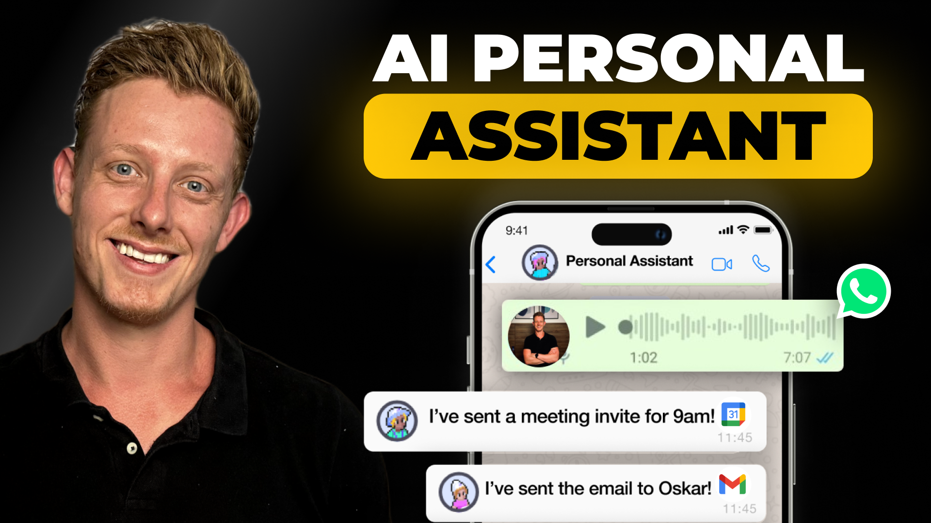 Smiling man next to smartphone with AI personal assistant interface