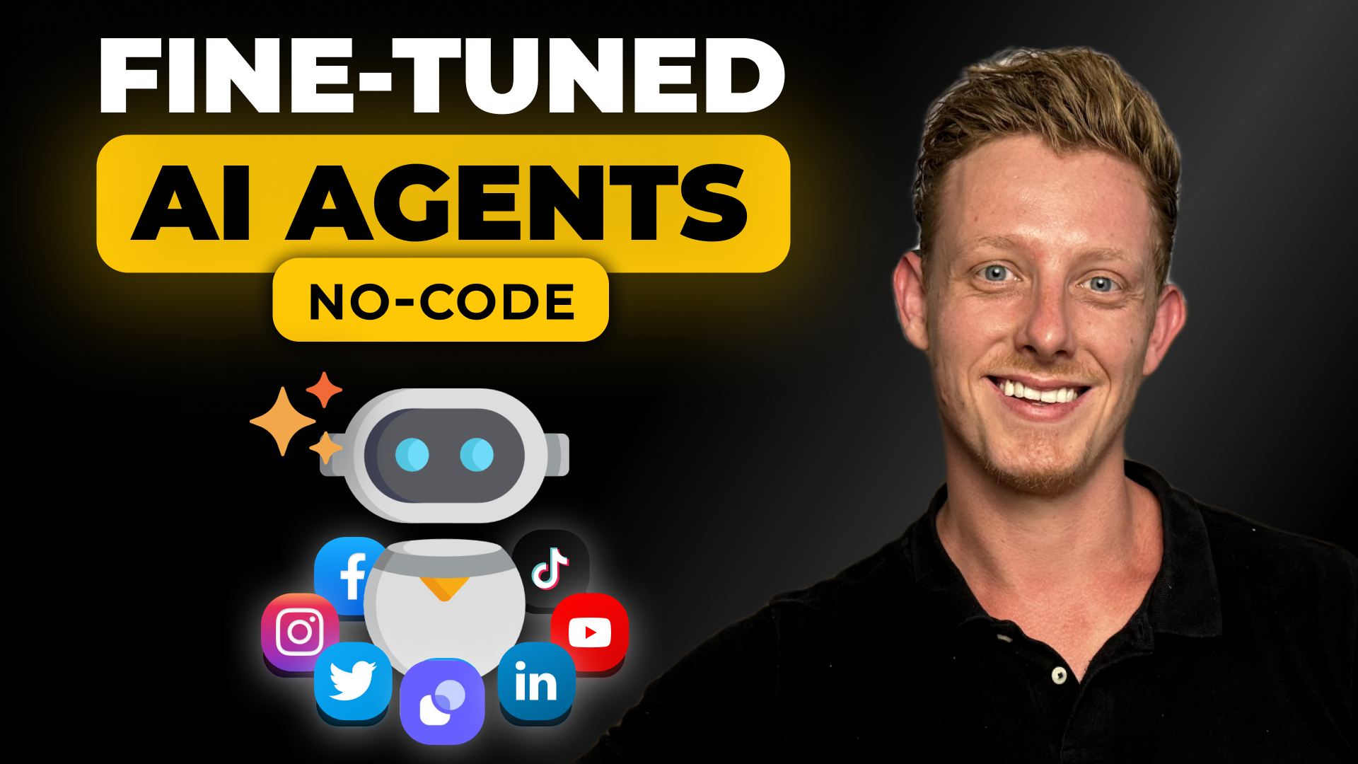 Fine-tuned AI agents poster with robot and social media icons