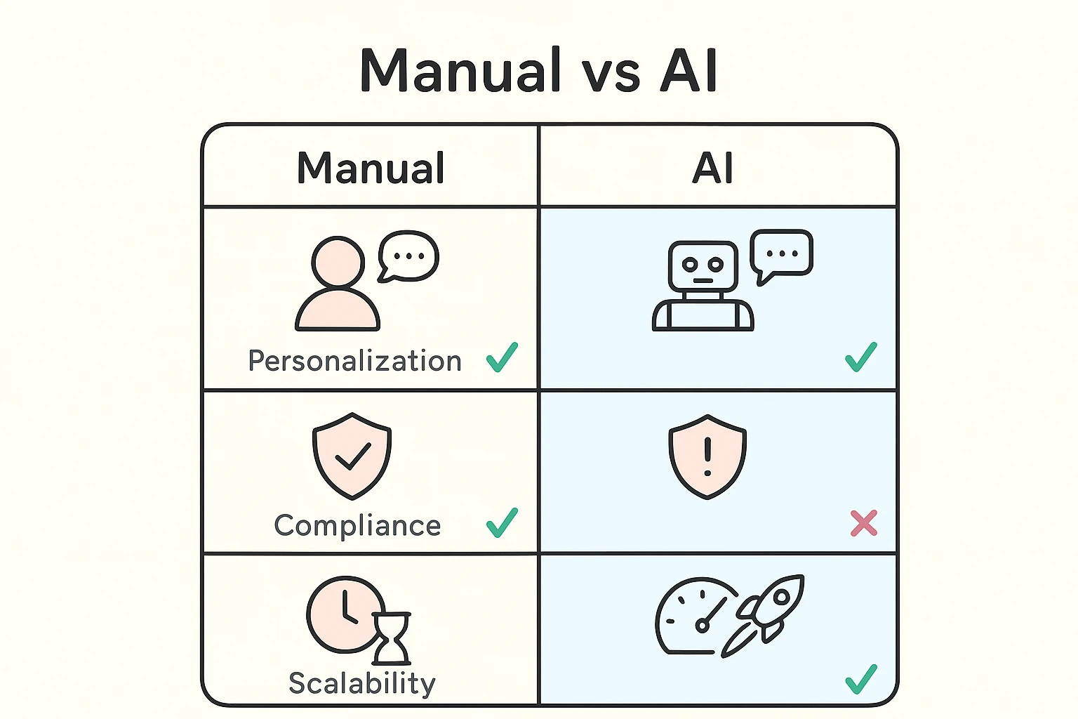 A clear two-column comparison showing where manual outreach outperforms AI (personalization, compliance) and where AI scales faster, helping readers weigh tradeoffs.