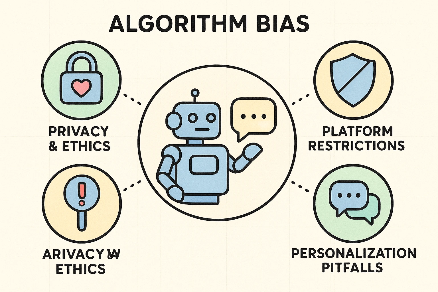 A central AI outreach icon with four connected nodes illustrating the main challenges — algorithm bias, platform limits, personalization failures, and privacy risks — to frame the article's problem space.