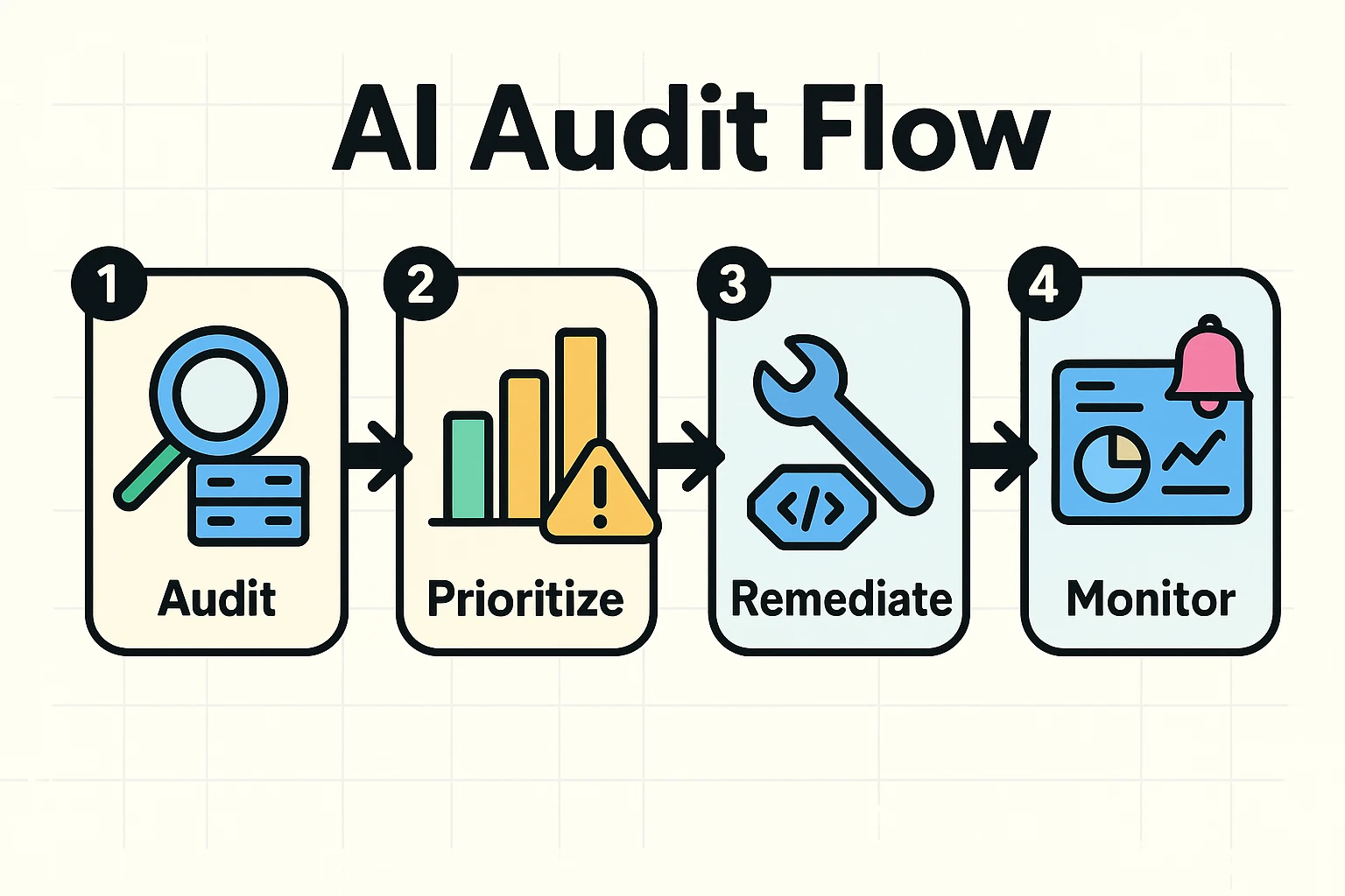 A practical audit-to-monitor workflow for AI crawlability: detect issues, prioritize by impact, implement fixes, and keep continuous monitoring in place.