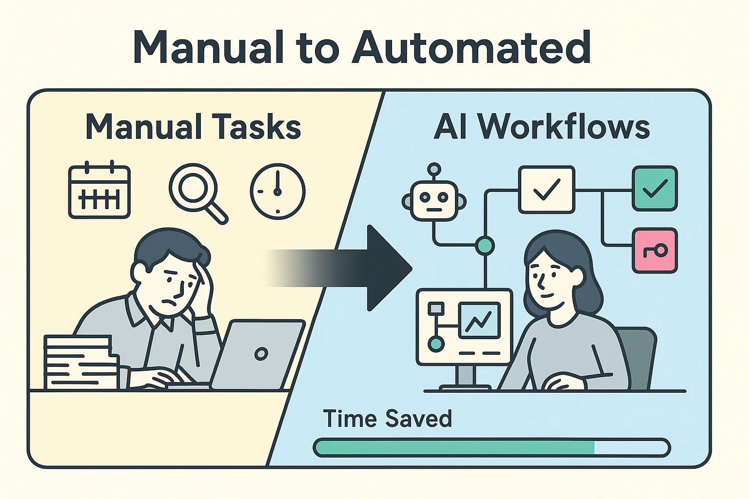 Before and after: a split-screen flow contrasts time-consuming manual SEO work with monitored AI workflows that automate routine tasks while retaining human oversight.
