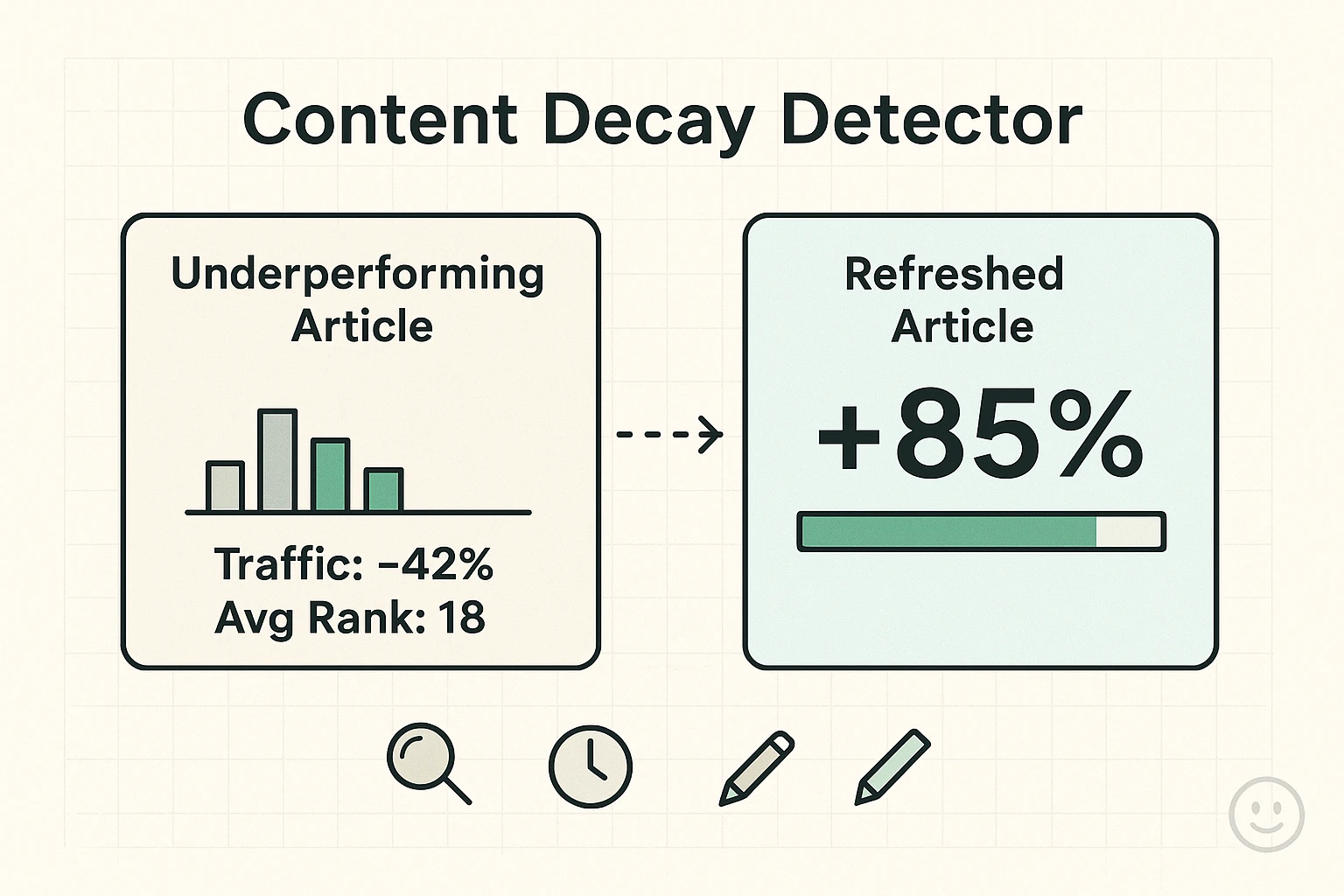 Comparing an underperforming article with its AI-refreshed version, showing traffic and rank improvements