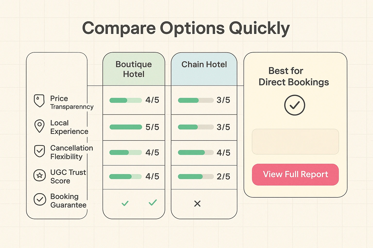 A comparison grid for accommodation and listing channels