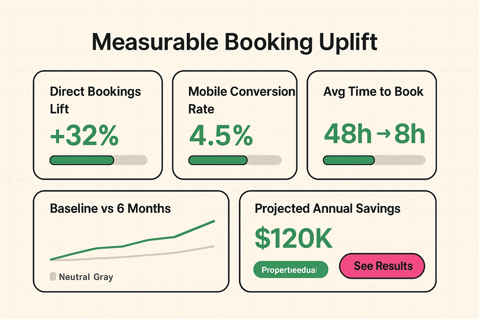 A dashboard displaying booking funnel improvements and ROI