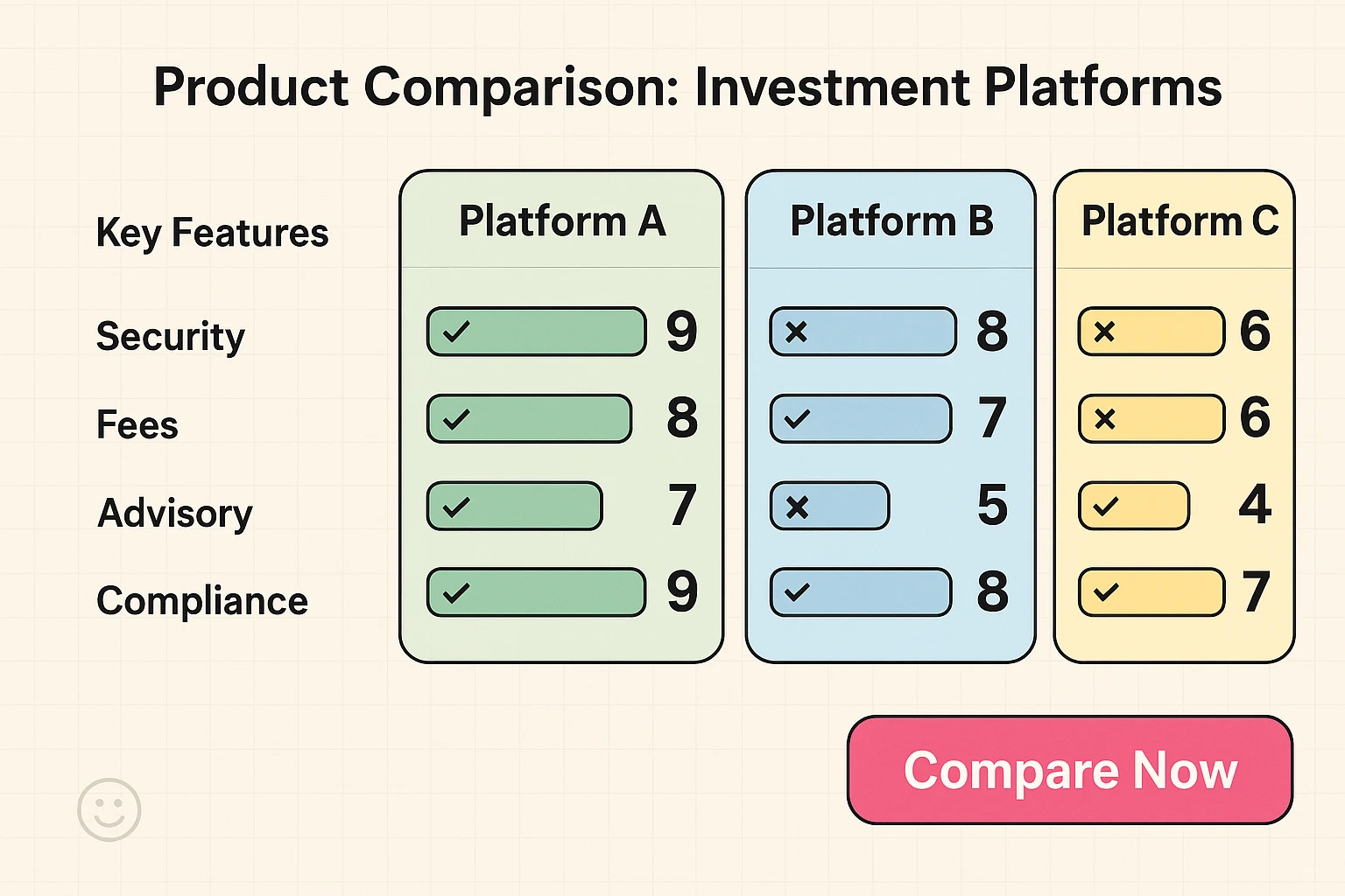 A clear, unbiased product comparison matrix that lets financial clients weigh security, fees, advisory support, and compliance side-by-side for faster evaluation.