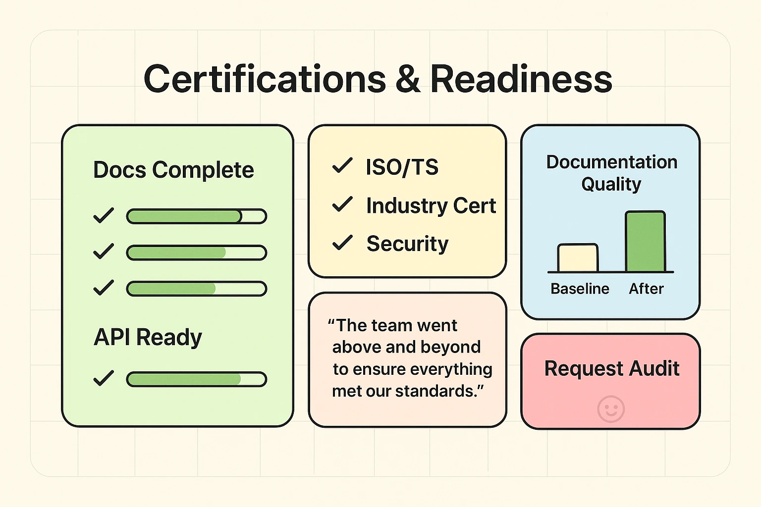 Evaluation: Trust signals — certifications, documentation quality, and implementation checklist