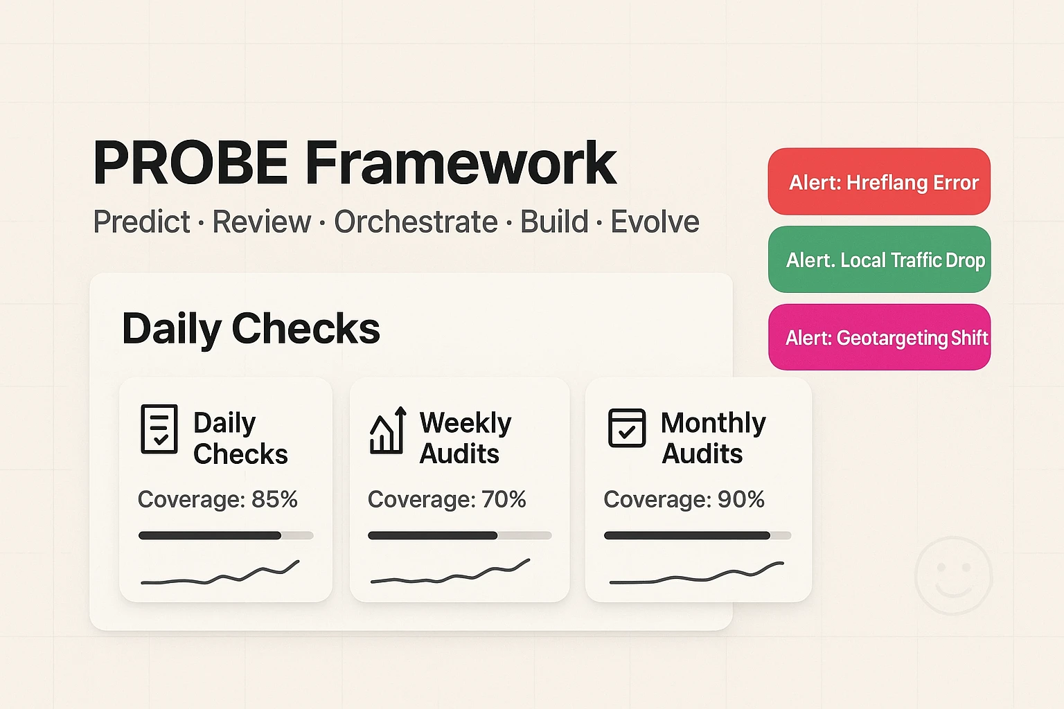 A decision-ready monitoring panel visualizing the PROBE framework and three-tier checks, helping teams prioritize early detection and automated alerts for international sites.