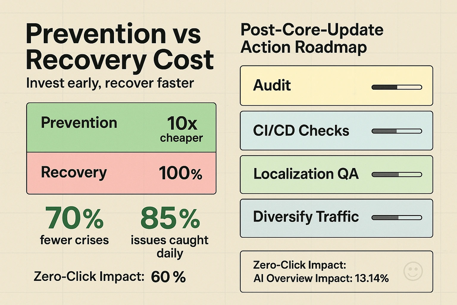 A cost-and-action dashboard illustrating prevention's ROI versus recovery and a clear post-update roadmap to prioritize audits, CI/CD checks, and traffic diversification.