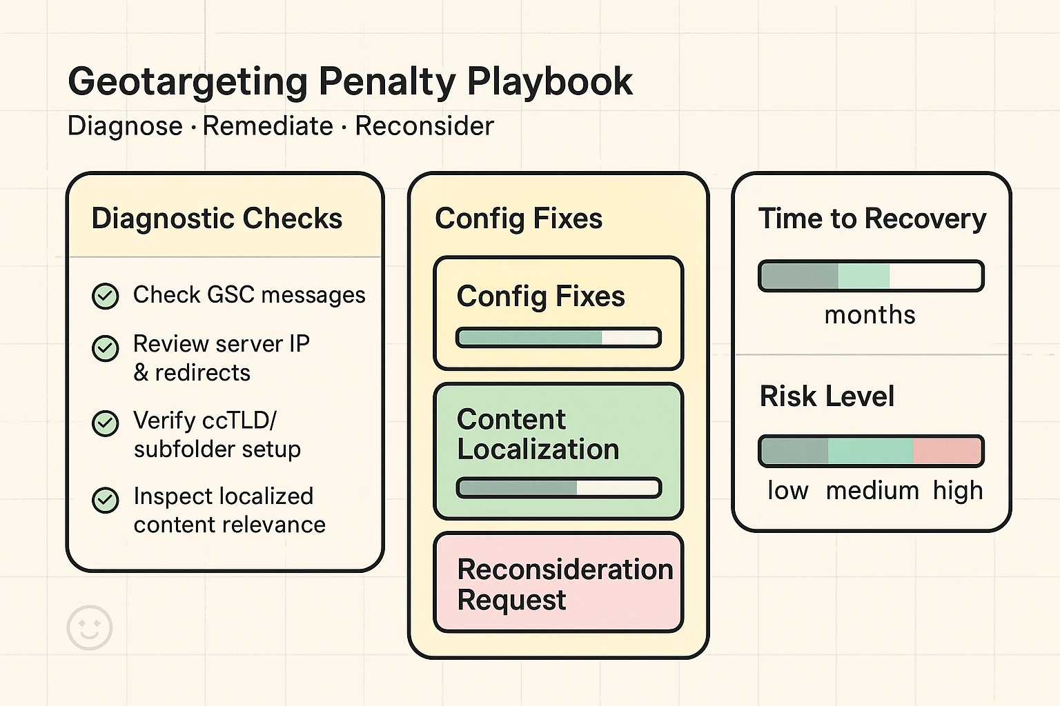 A practical playbook comparing diagnostic checks, prioritized fixes, and expected time-to-recovery for incorrect geotargeting penalties—useful for stakeholder alignment.