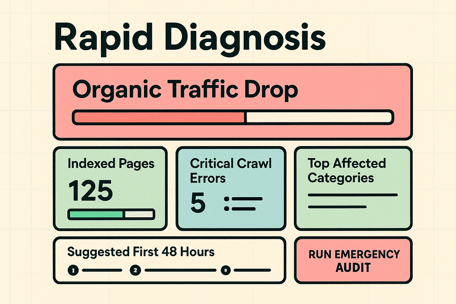 Immediate triage dashboard for e-commerce SEO disasters — identify de-indexation, crawl errors, and top affected categories within the first 48 hours.