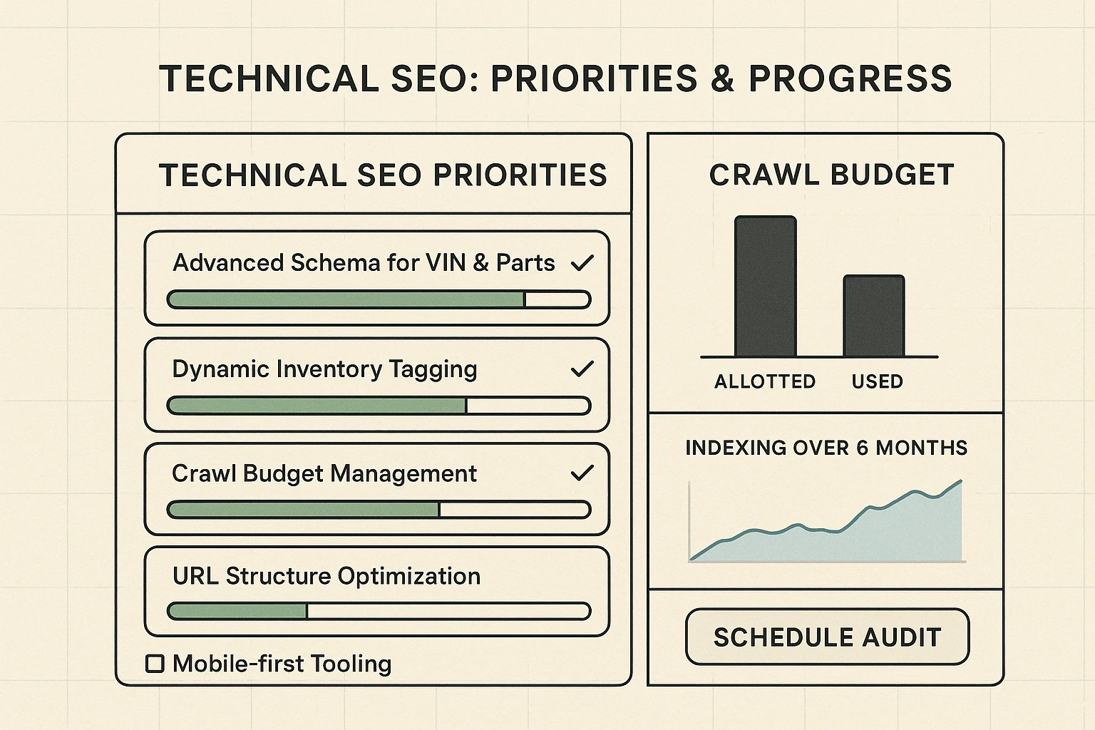 A prioritized technical SEO checklist and progress dashboard that clarifies what to implement first—structured data, dynamic tagging, and crawl budget management to maximize inventory visibility.