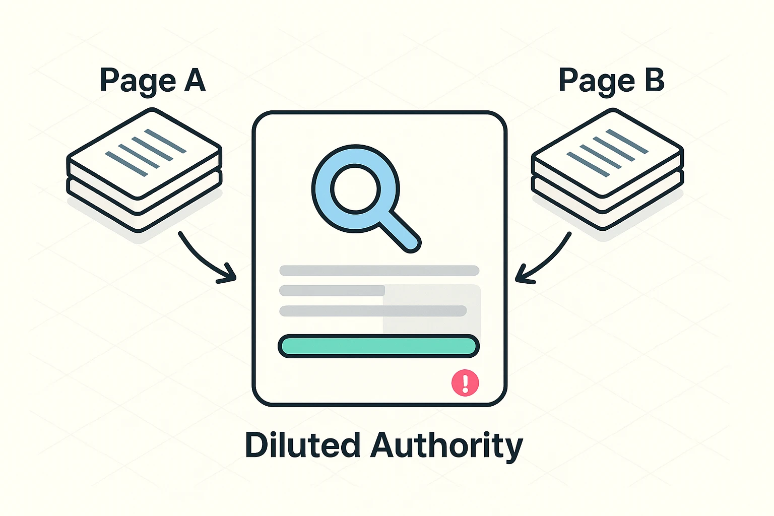 Shows how two pages targeting the same keyword pull authority away from a single search result, visually explaining cannibalization's ranking dilution.