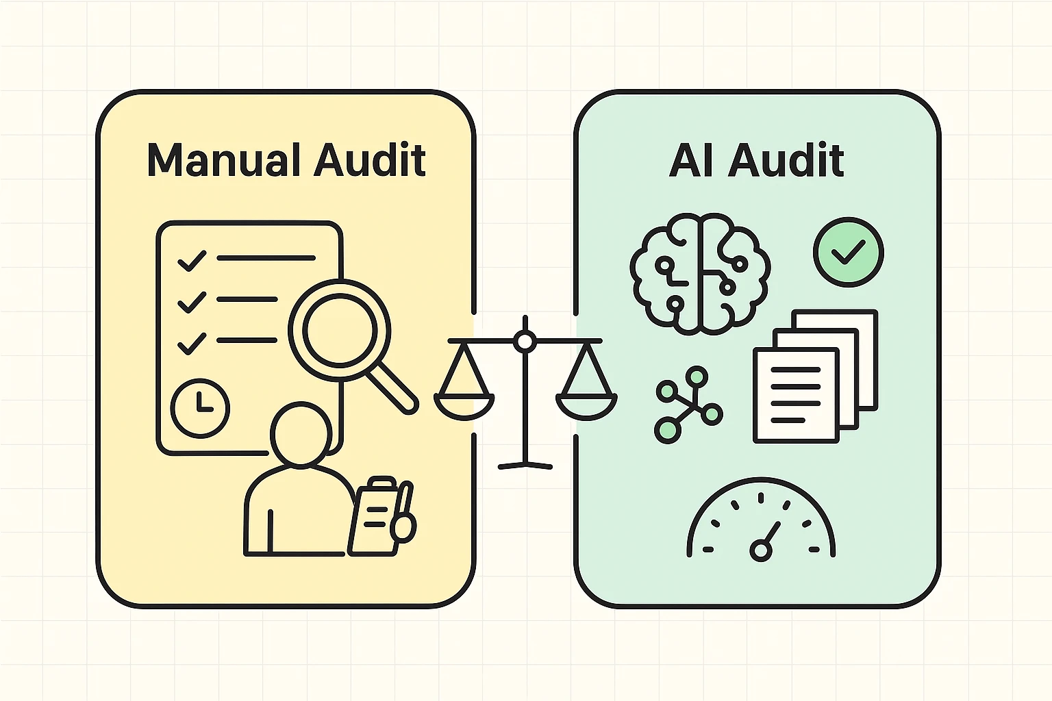 Contrasts manual audits with AI-powered audits, showing AI's advantages in speed, clustering precision, and scalable prioritization while acknowledging trade-offs.