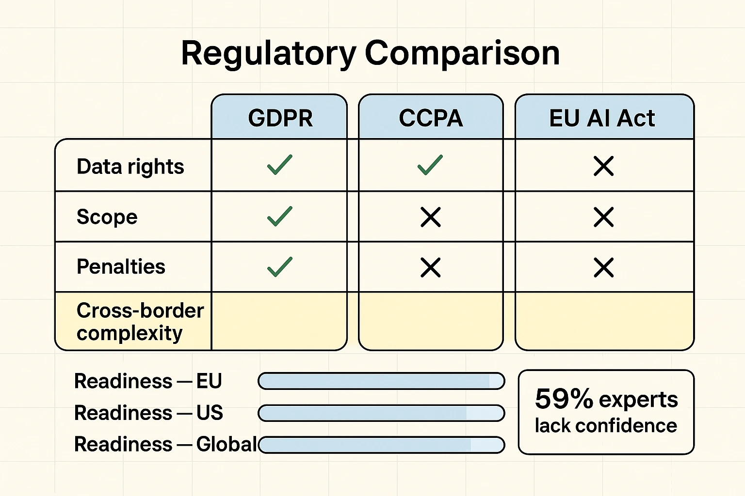 Compare major AI regulations side-by-side and see readiness levels to prioritize cross-border compliance actions and resource allocation.