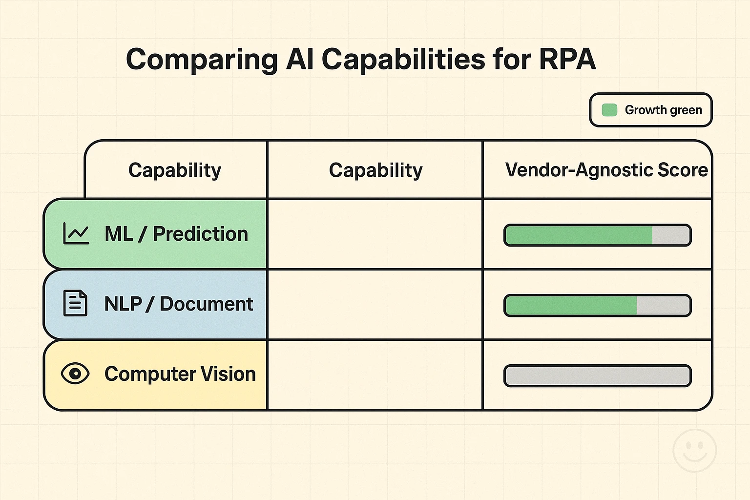 A decision-focused task suitability aid: score tasks by complexity, data variability, and integration effort to prioritize AI-RPA pilots effectively.