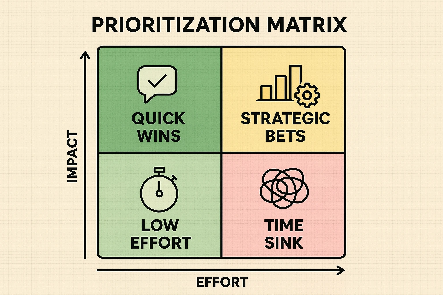 A clear prioritization matrix helps resource-constrained startups pick AI projects with the highest impact and lowest effort first, highlighting 'quick wins'.