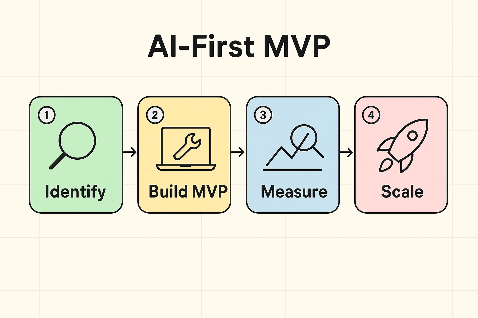 A concise four-step AI-MVP flow shows how startups move from identifying a problem to building, measuring, and scaling a lean AI solution with minimal resources.