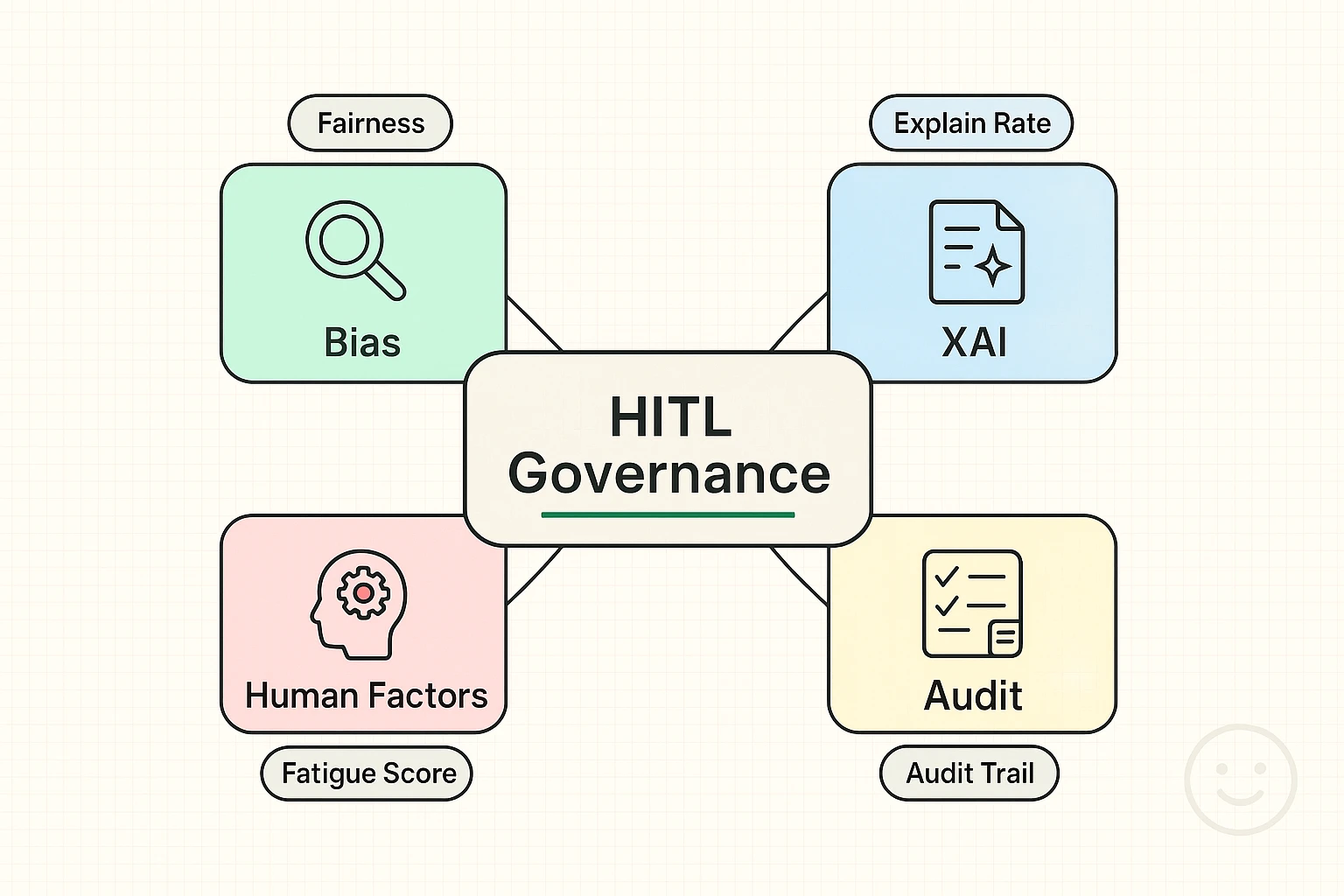 Alt text: A governance framework linking ethical oversight to practical levers—bias detection, explainability, auditing, and human factors—plus example KPIs for measurement.