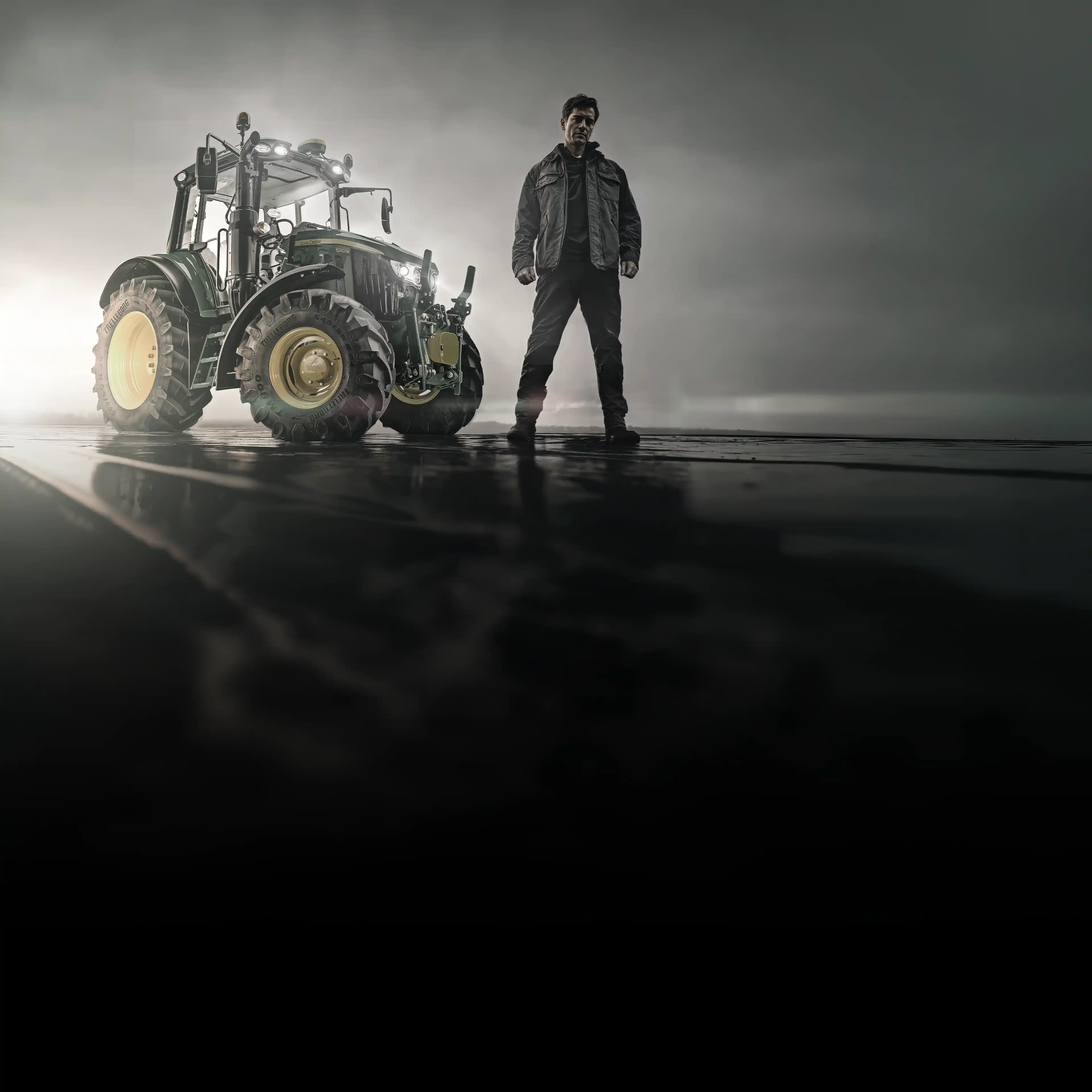 Farmer standing next to a John Deere 6M - Brandfarm creative studio
