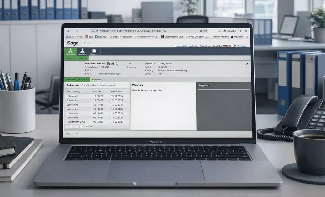 Laptop mit geöffneter Sage HR Suite Software zeigt Mitarbeiterdaten und Dokumentenübersicht auf einem Schreibtisch mit Stifthalter, Telefon und Kaffeetasse im Büro.