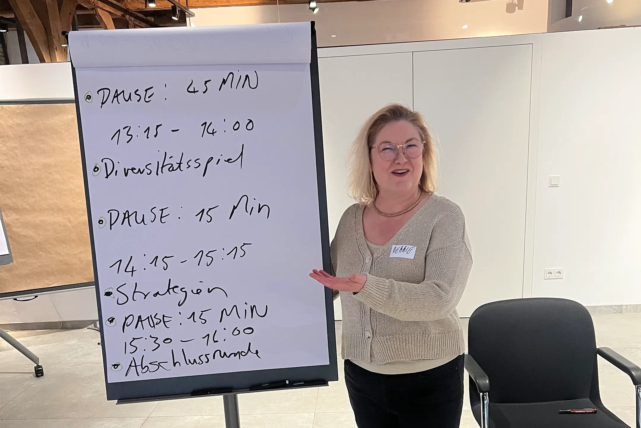 Frau mit Namensschild präsentiert an einem Flipchart einen handschriftlichem Zeitplan für einen Workshop zur Diversität.