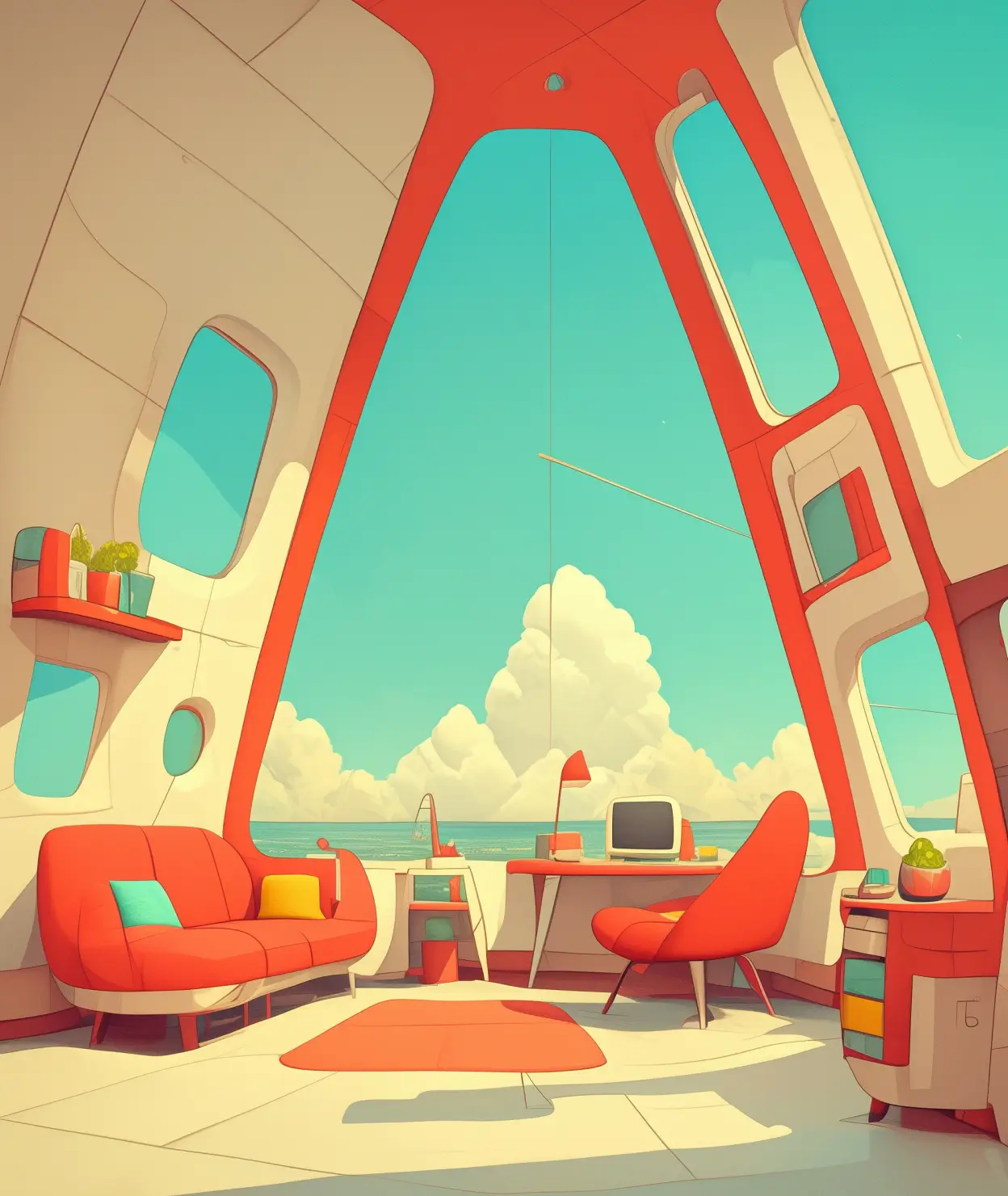 A futuristic retro Illustration of a colorful house interior. 