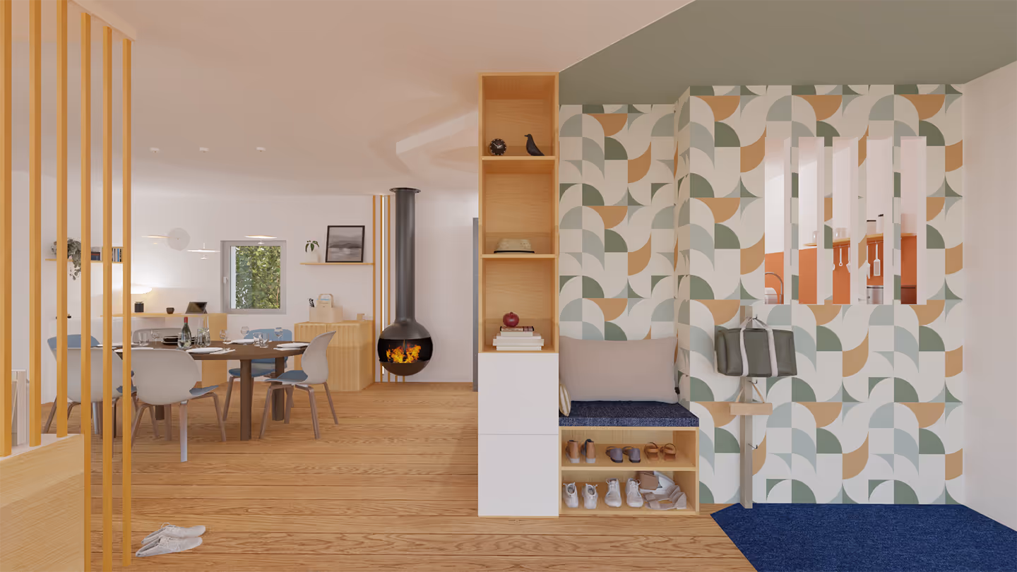 Salon moderne avec un sol en bois chaleureux et un papier peint graphique.