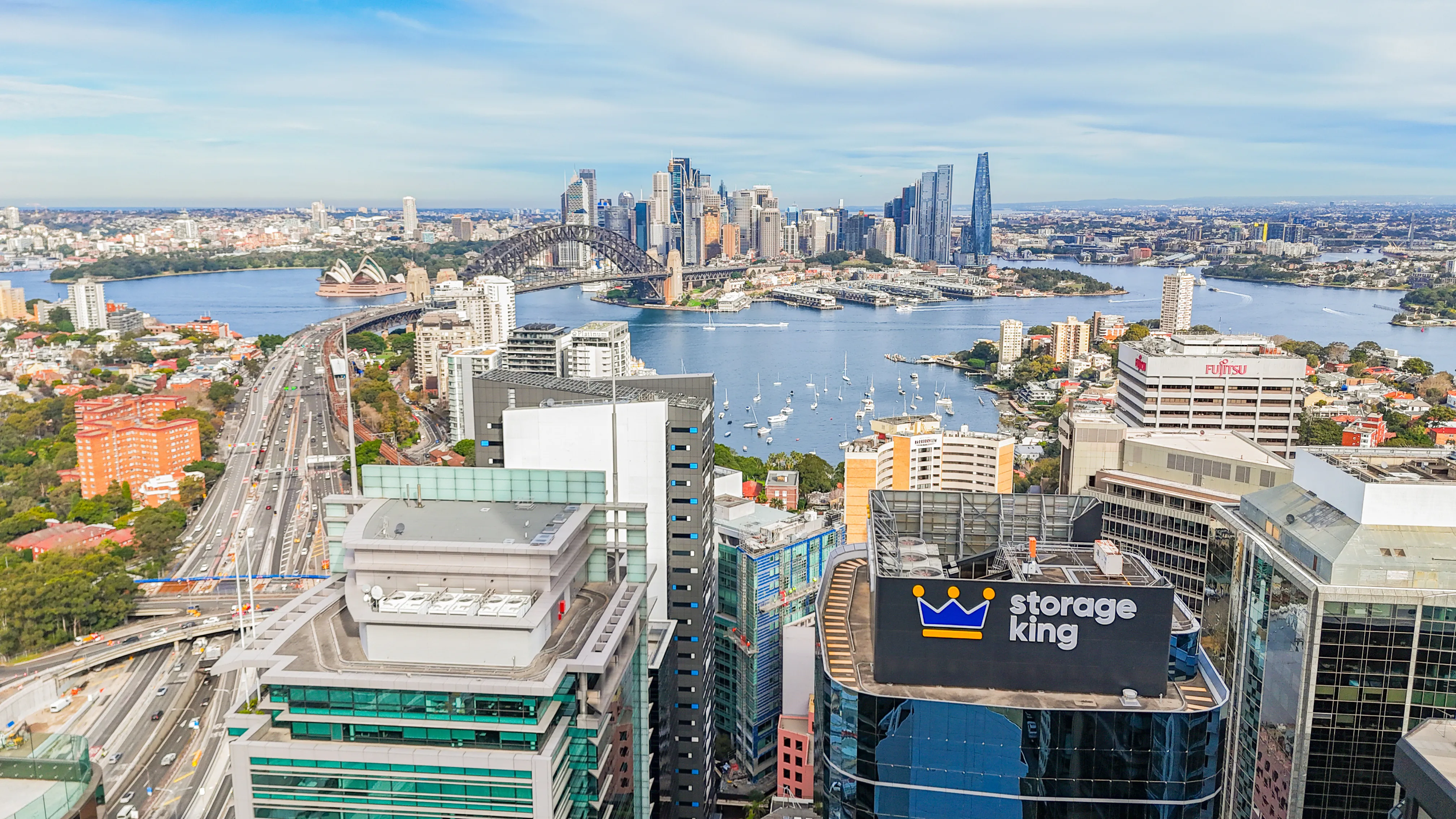 Drone photo of a harbourside city skyline