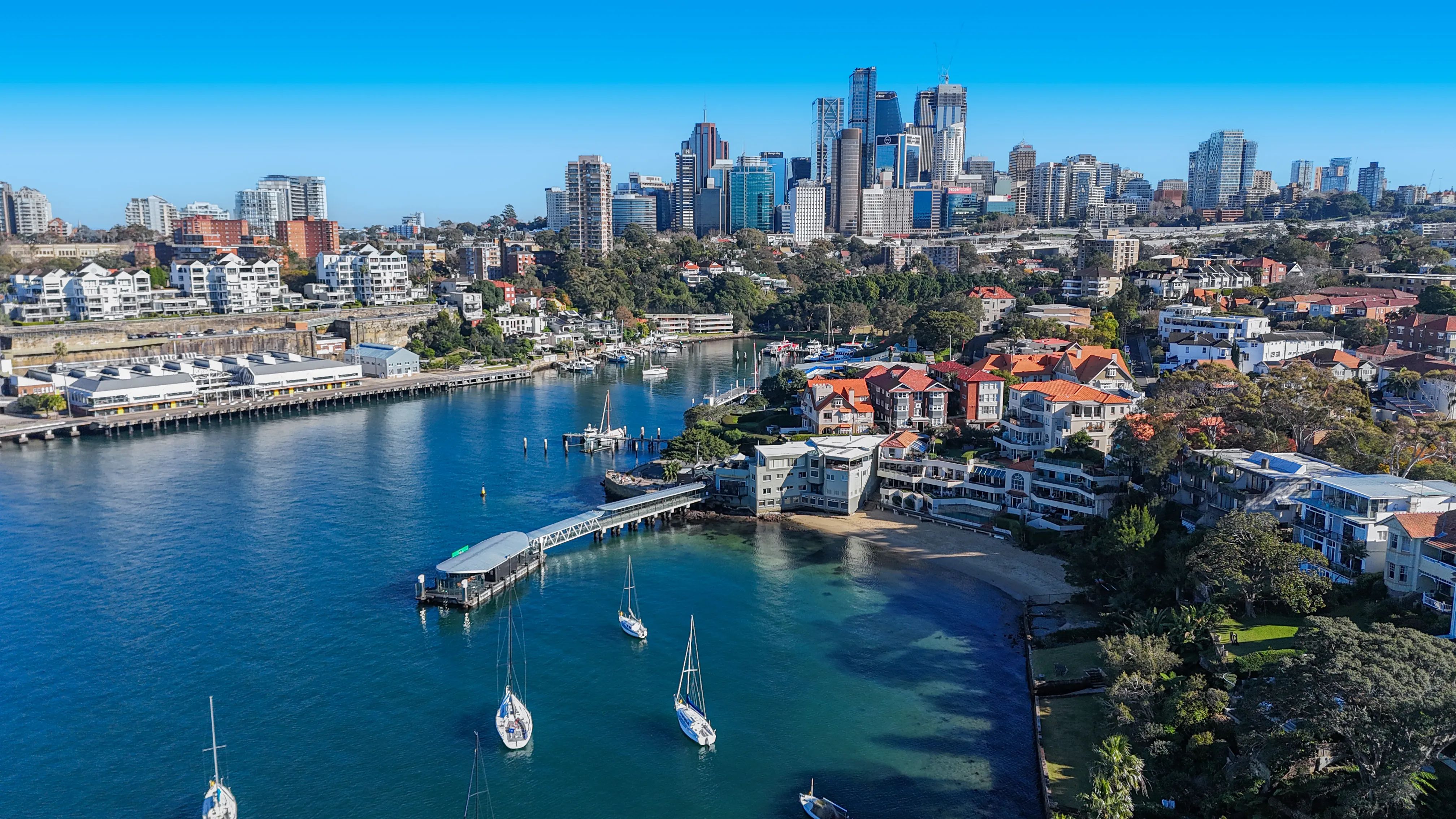 Aerial drone photo of a harbourside suburb and city skyline