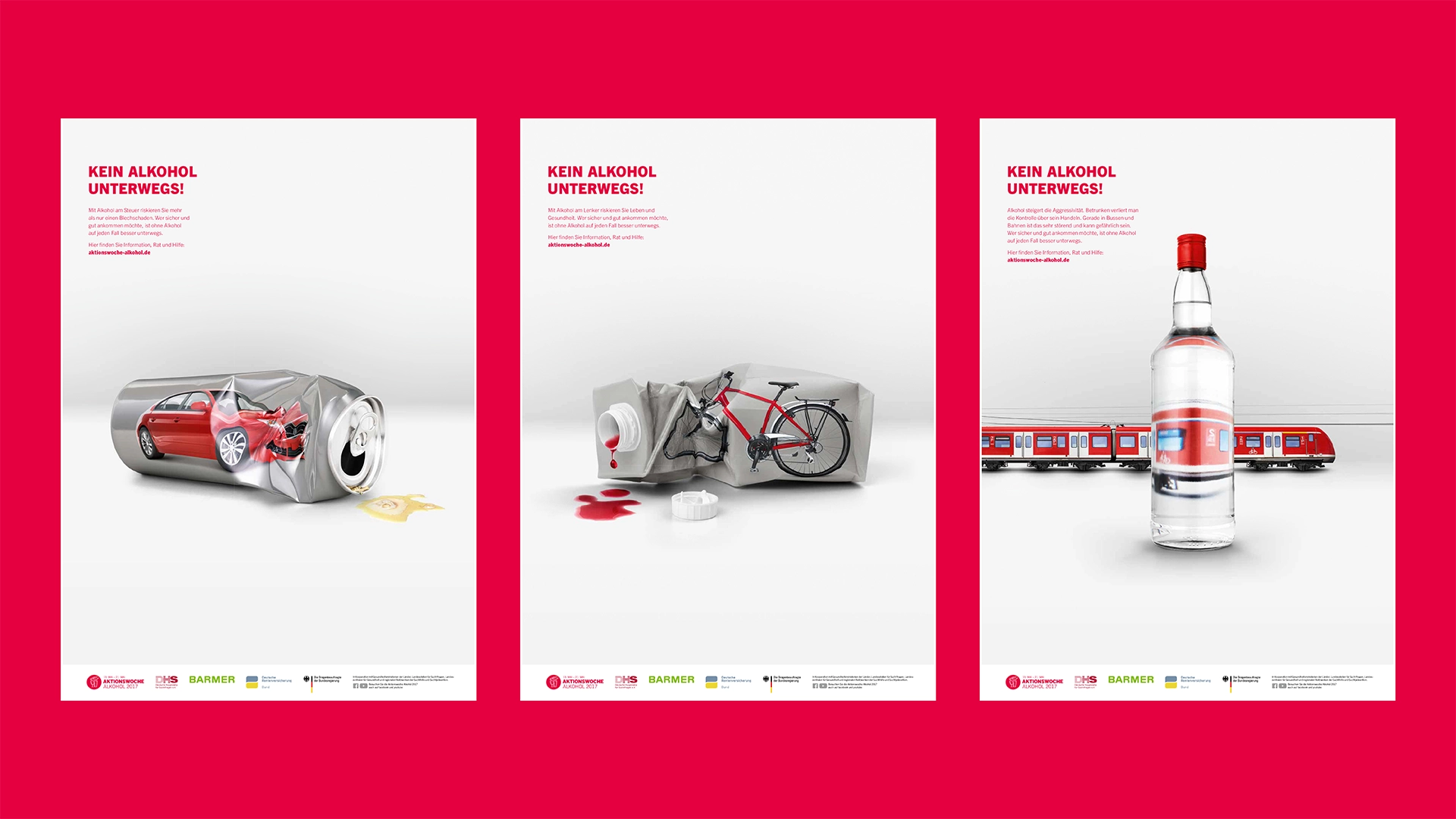 Drei Kampagnenplakate der „Kein Alkohol unterwegs!“ Initiative mit surrealen Bildern: eine zerquetschte Getränkedose mit einem Autounfall, ein verstümmeltes Fahrrad in einer Bierdose und eine Wodkaflasche, auf der ein Zug abgebildet ist