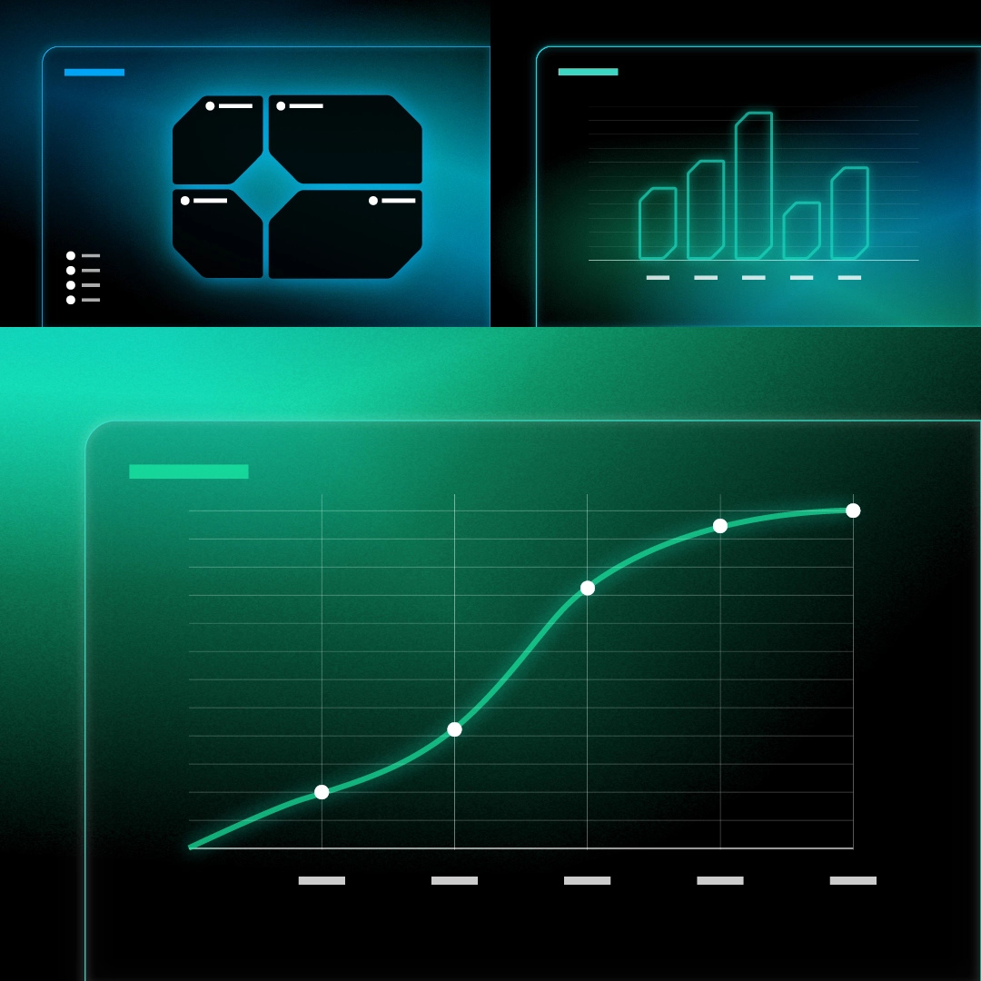 Futuristisches digitales Dashboard mit verschiedenen Datenvisualisierungen, darunter ein Balkendiagramm, eine segmentierte Oberfläche und ein Liniendiagramm mit gezeichneten Punkten
