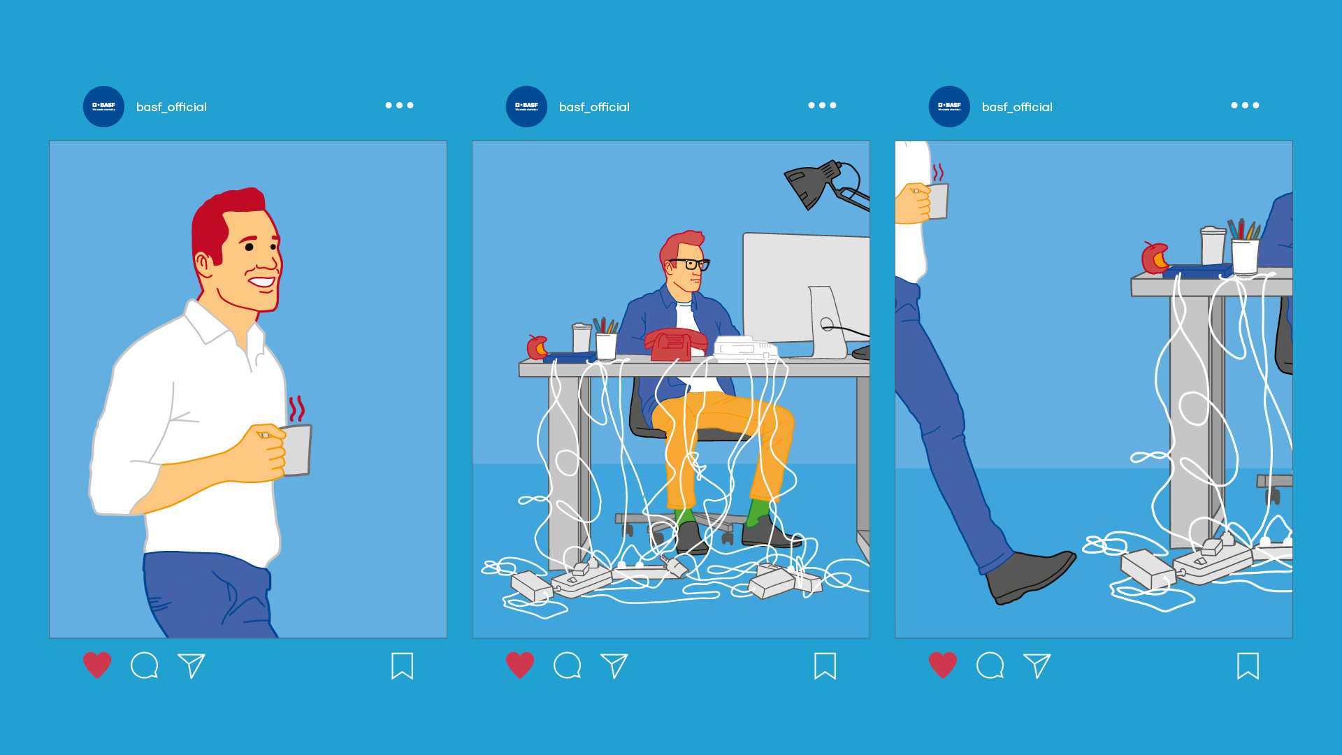 Illustrierte Social Media-Posts mit einem entspannten Mann mit Kaffee, der sich einem überforderten Kollegen an einem unordentlichen Schreibtisch voller Kabel nähert