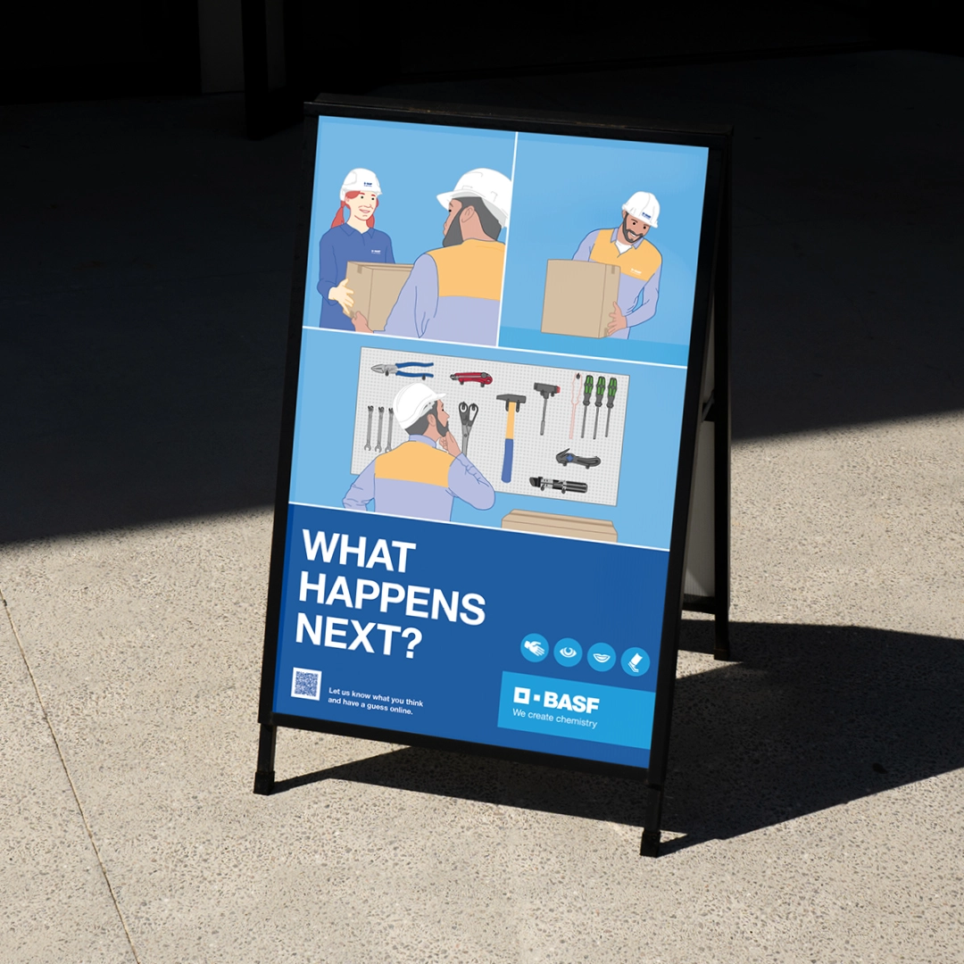 BASF-Sicherheitstafel im Außenbereich mit illustrierten Arbeitsszenen und der Überschrift „What happens next?“ sowie einem Hinweis, sich an die richtigen Abläufe zu halten