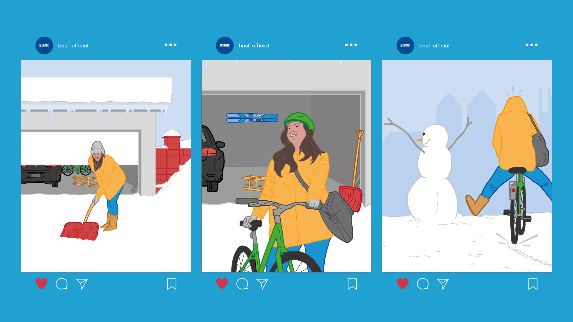 Illustrierte Instagram-Posts mit einer Frau, die Schnee schaufelt, sich aufs Radfahren vorbereitet und an einem Schneemann vorbeifährt