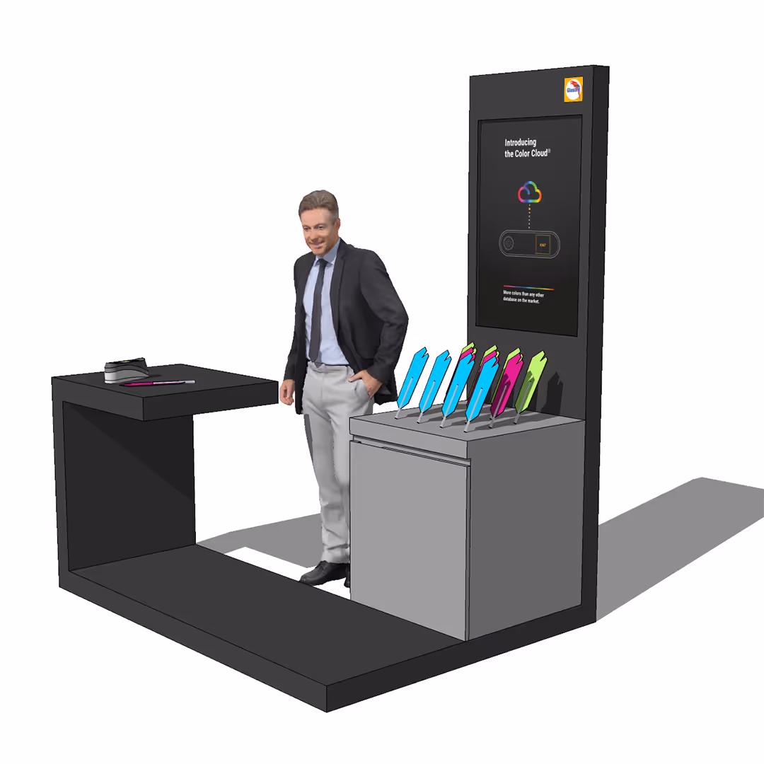 Eine 3D-Visualisierung von Glasurit RatioScan Displaymöbeln