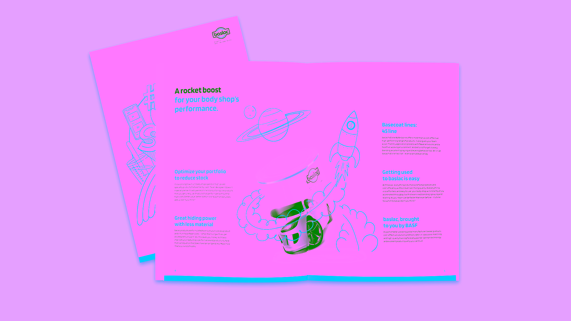 A baslac brochure on a light blue background.