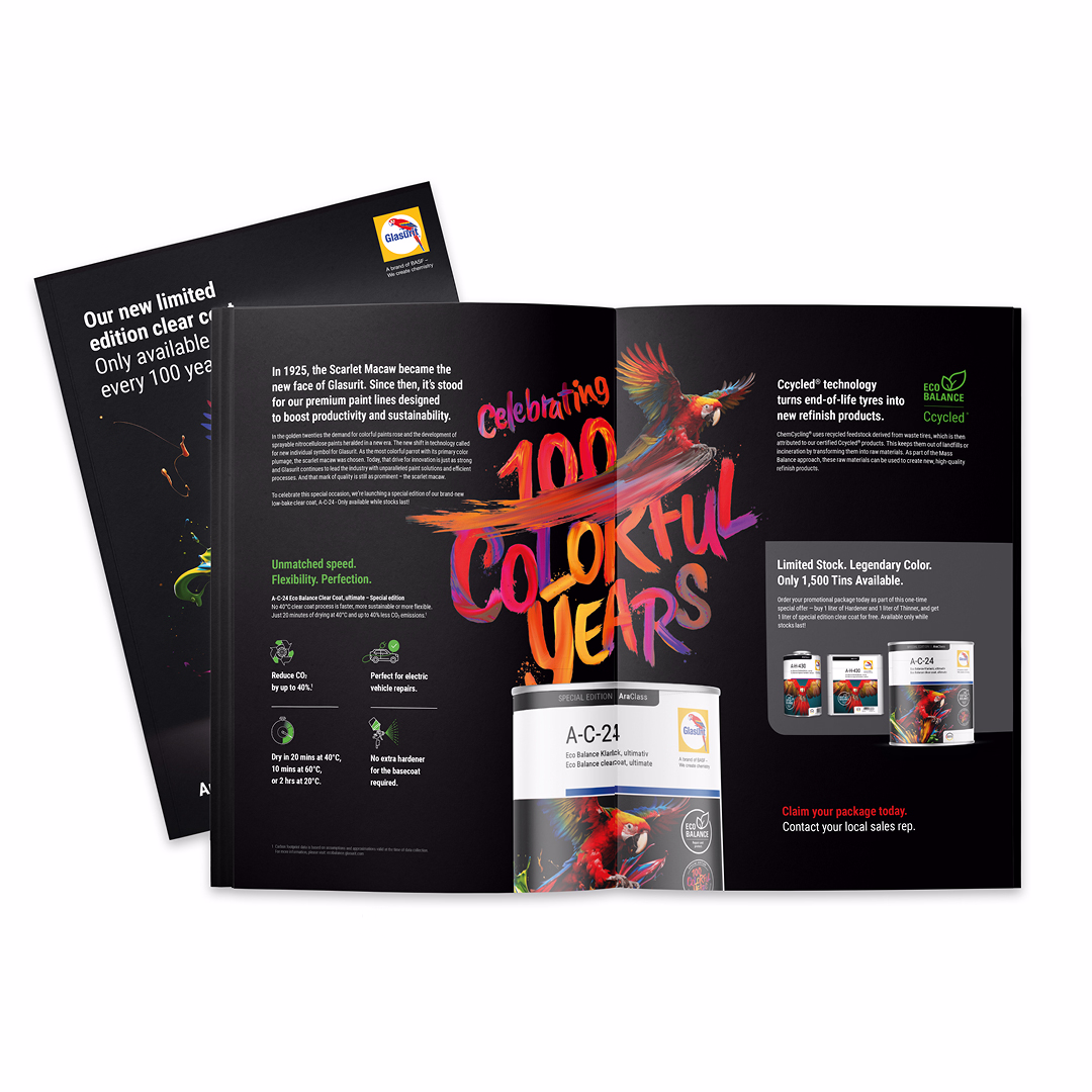 A Glasurit 100 colorful years brochure on a light background