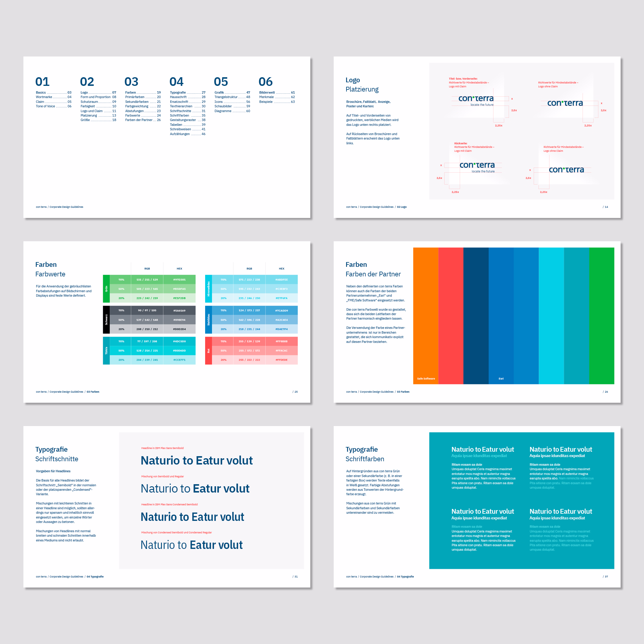 Sechs Seiten eines Styleguides mit Inhaltsverzeichnis, Logo-Platzierung, Farbtabellen, Farbverläufen und Typografie-Beispielen in Blau- und Grüntönen.