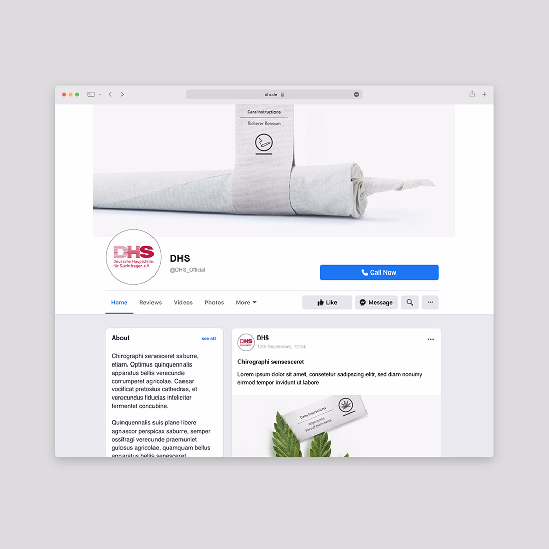 Facebook Seite von der DHS. DHS Logo als Profilbild und als Header eine aufgerollte weiße Zigarette mit einem weißen Papierband, das die Pflegeanleitung 'Sicherer Konsum' und ein durchgestrichenes Rauchsymbol zeigt.