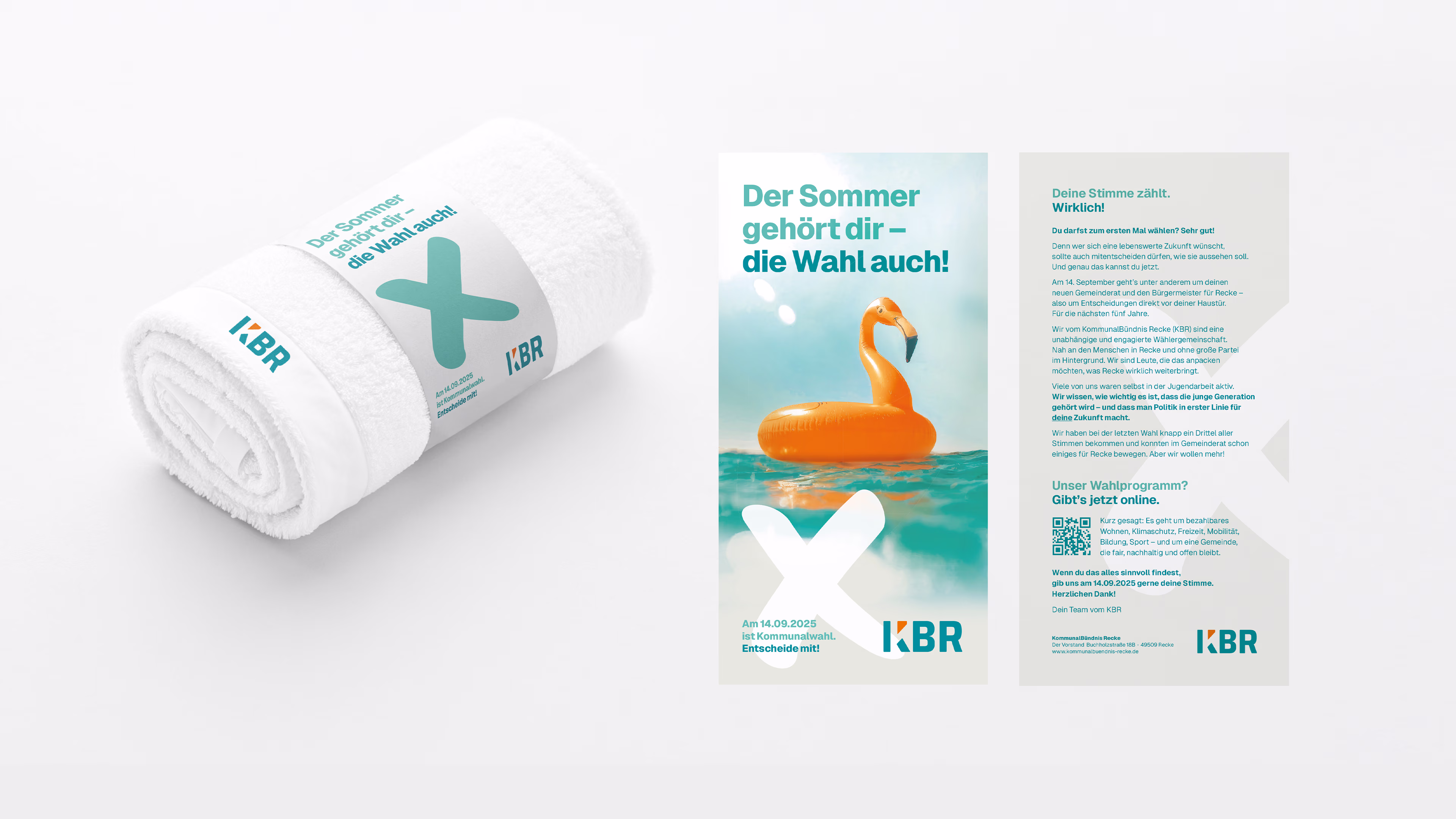 KBR Merchandise Artikel für Erstwähler Handtuch und Sommerflyer auf einem hellen Hintergrund