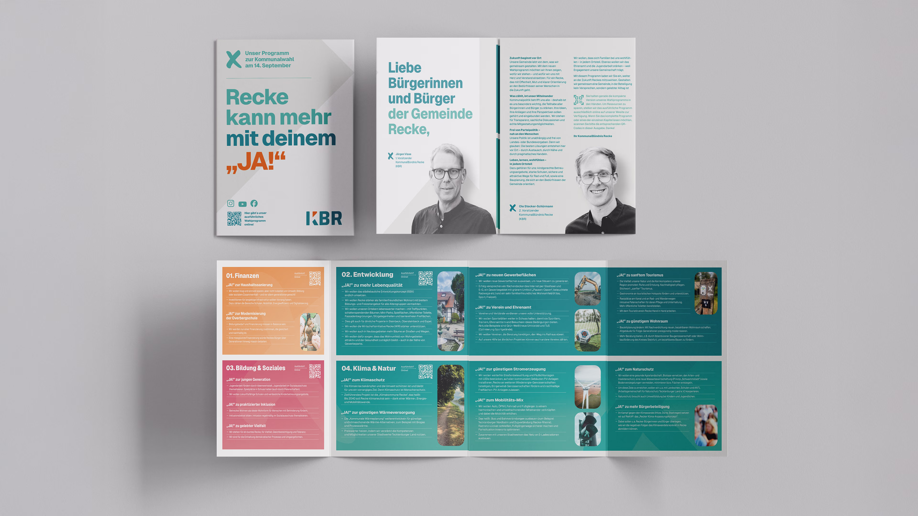 Ausklappbares Flugblatt mit einer Kurzversion des KBR-Wahlprogramms auf hellem Hintergrund.
