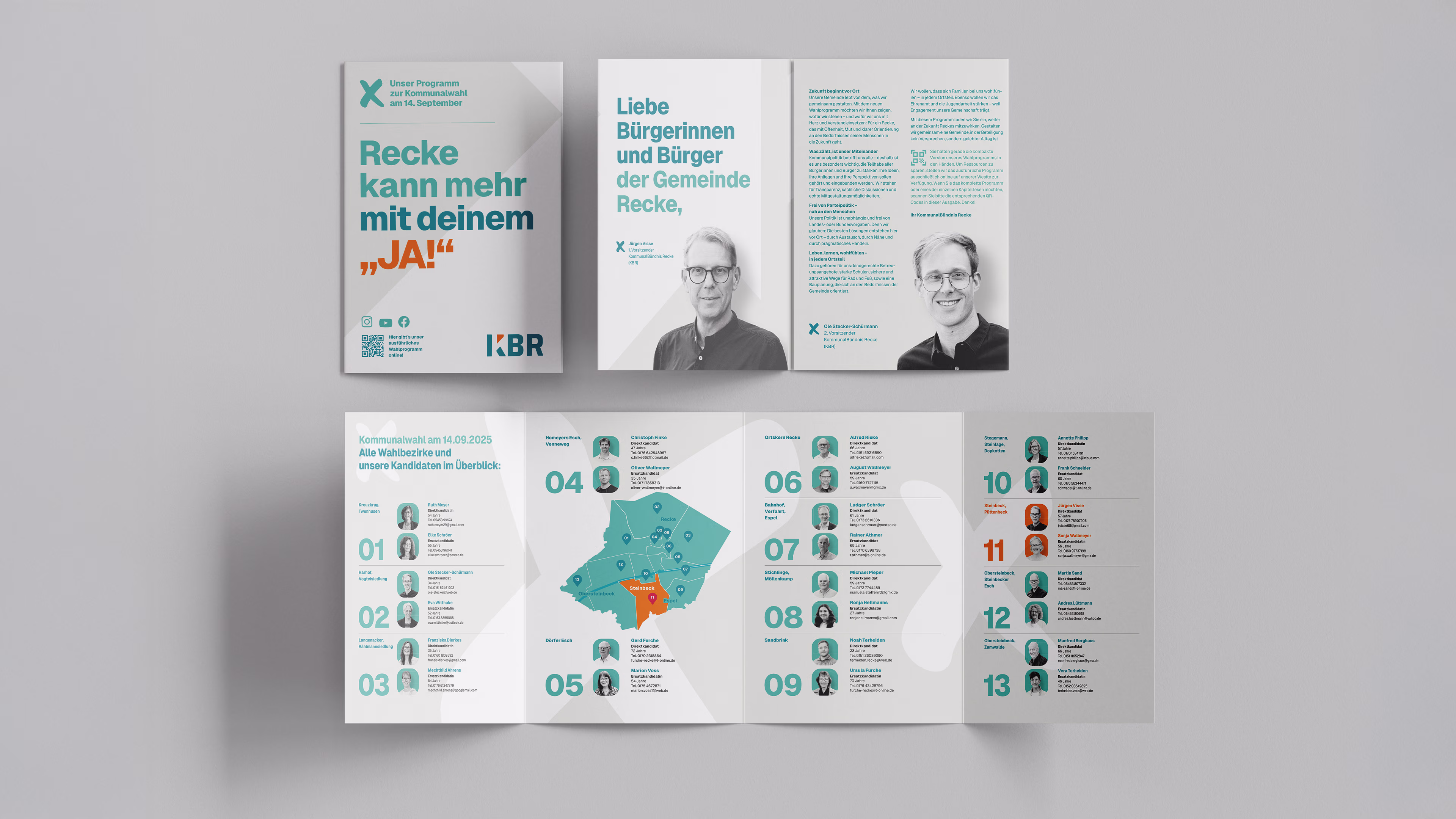 Kandidatenflyer für KBR mit Angaben zum Wahlkreis in Recke und den jeweiligen KBR-Vertretern vor hellem Hintergrund.