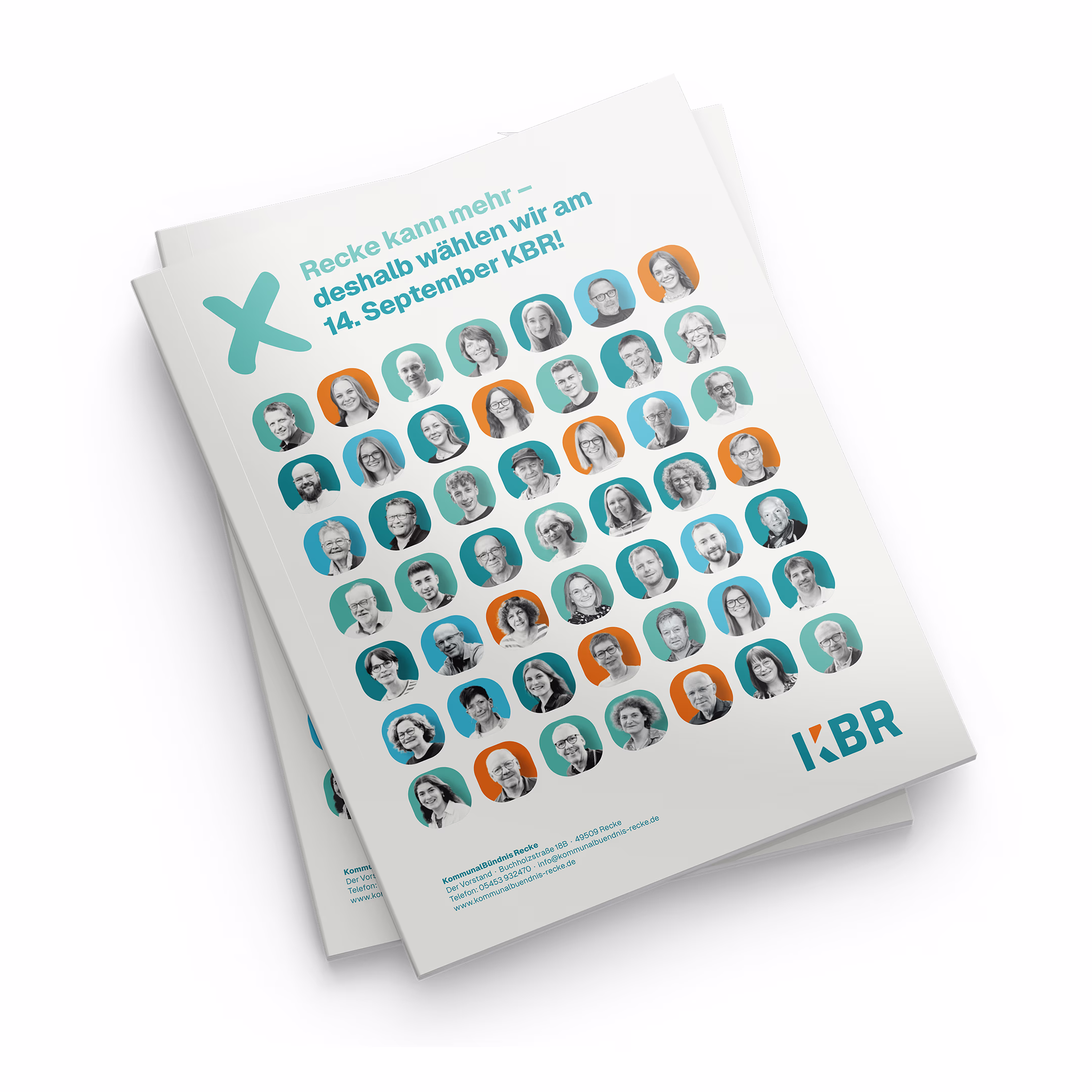 KBR-Wahlprogramm mit Portraitfotos von Kandidaten, Unterstützern, Wählern und Bürgern aus Recke.