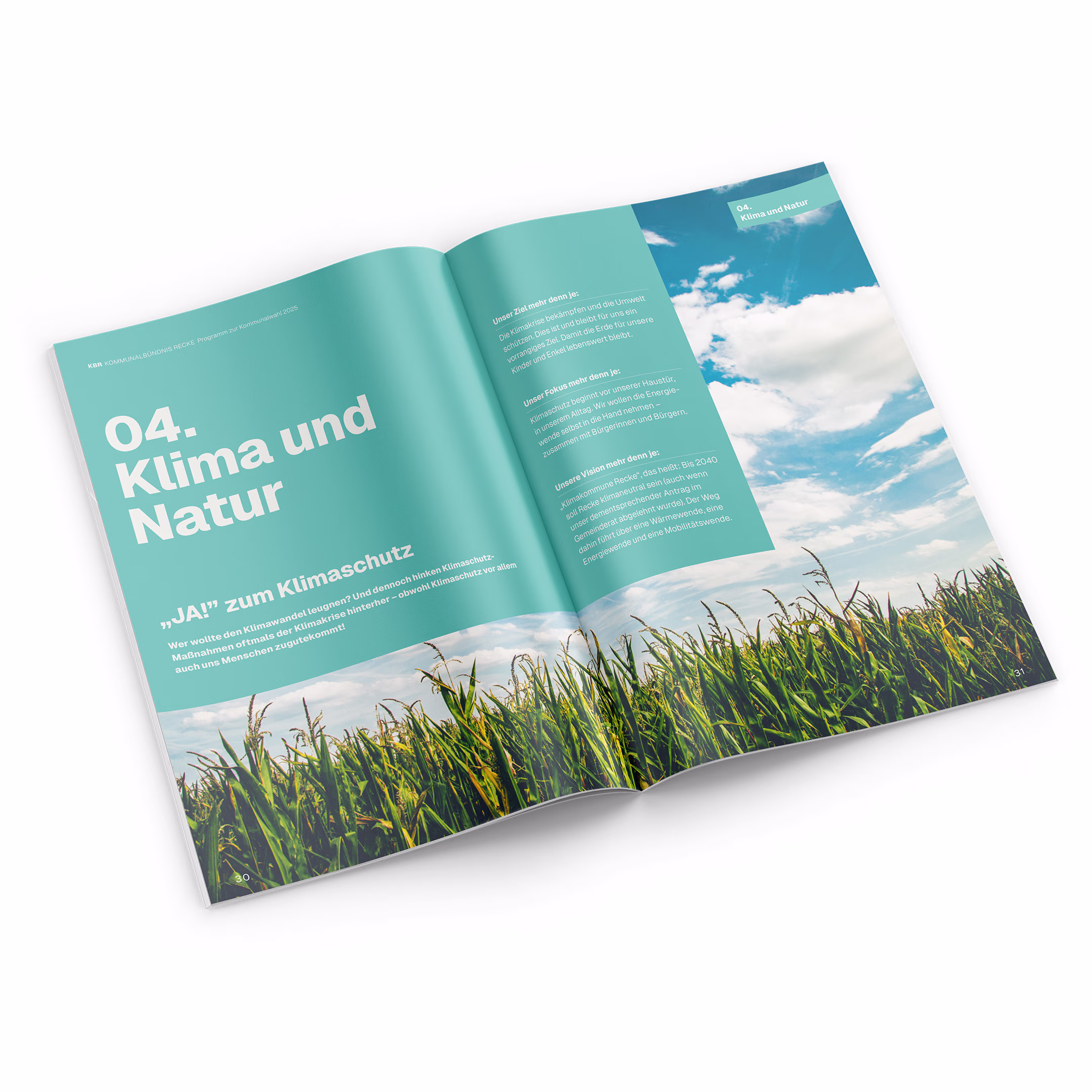Innenseiten des KBR-Wahlprogramms mit Schwerpunkt Klima- und Naturthemen.