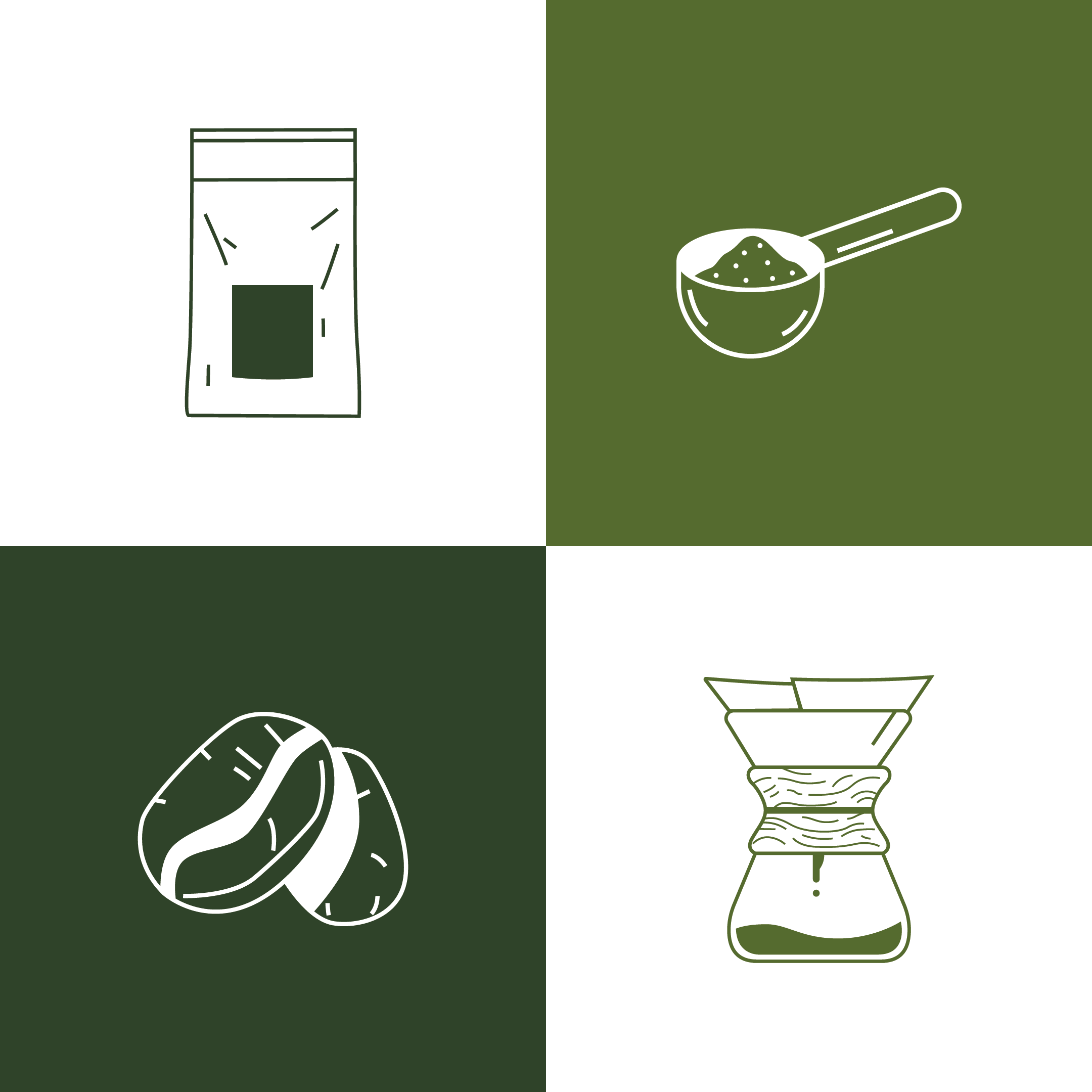 Four icons: a bag of coffee, a coffee scoop with grounds, coffee beans, and a pour-over coffee maker. Green and white color scheme.