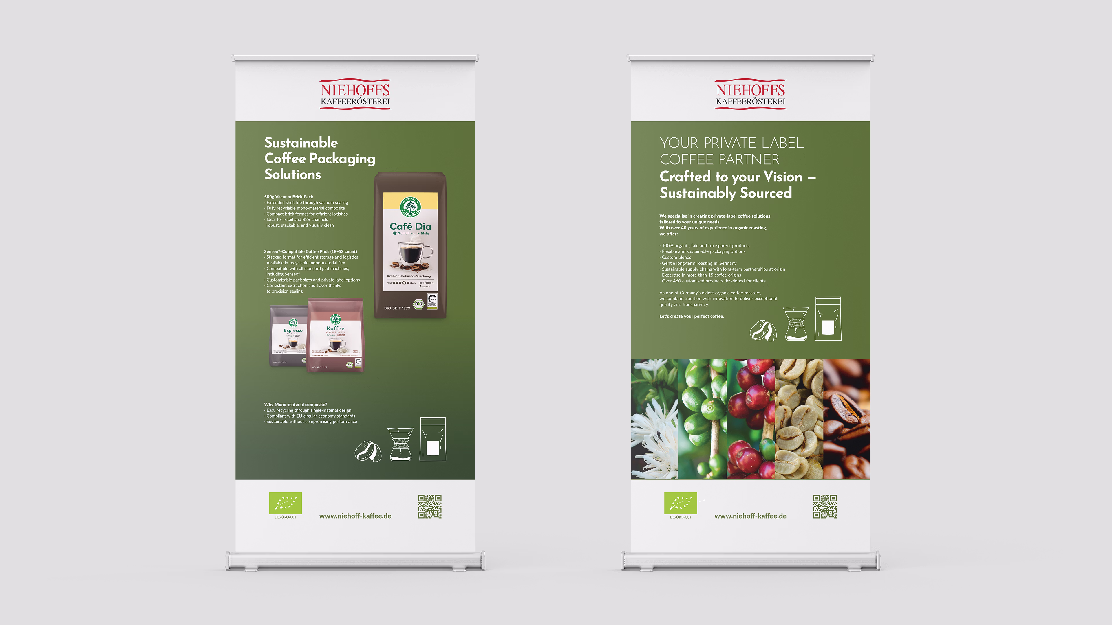 Two green roll-ups display sustainable coffee packaging and private label solutions by Niehoffs Kaffeerösterei. Images of coffee bags and beans enhance eco-friendly themes.